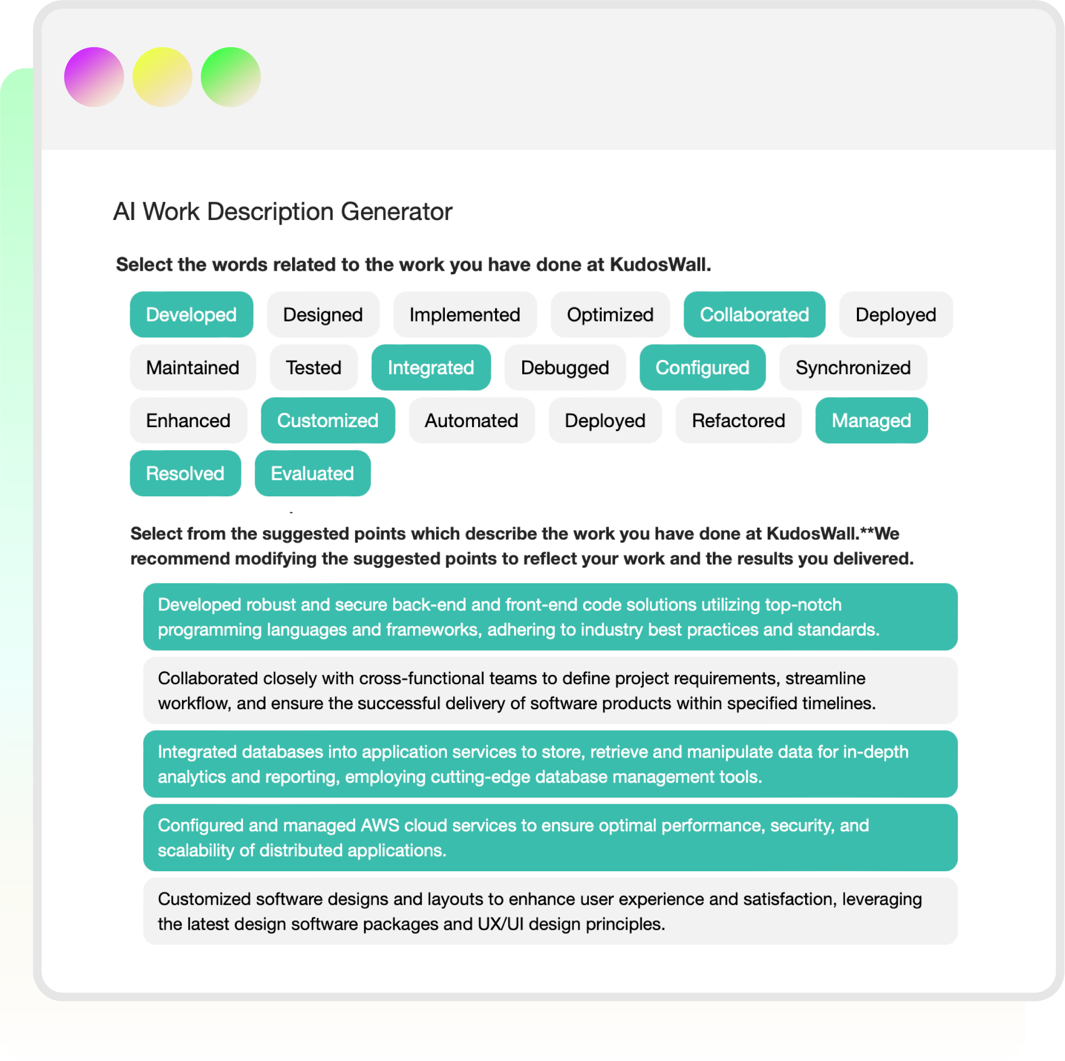 Enhance your CV with action verbs, keywords suggested by AI.