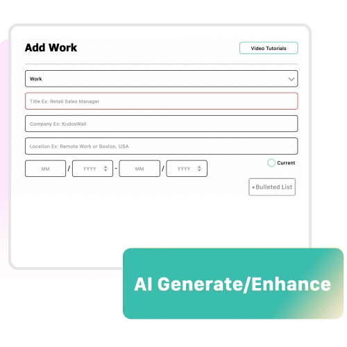 Add work experience and education with KudosWall AI Resume Builder