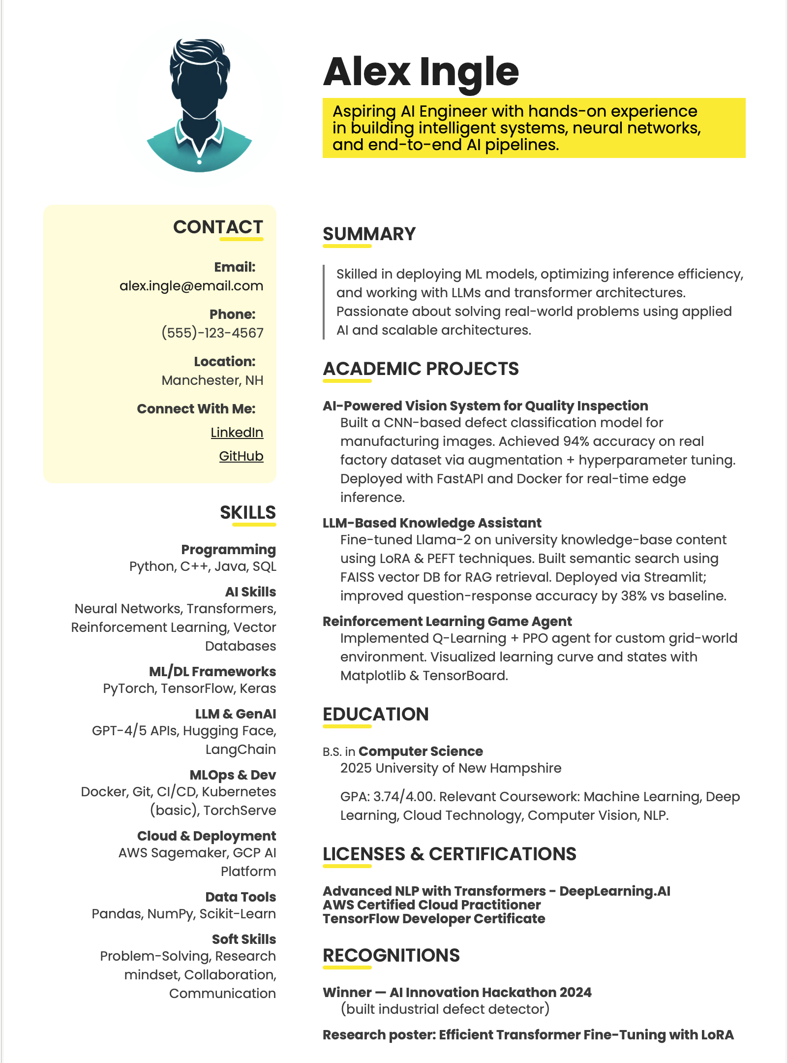 AI Engineer Fresher Resume Example