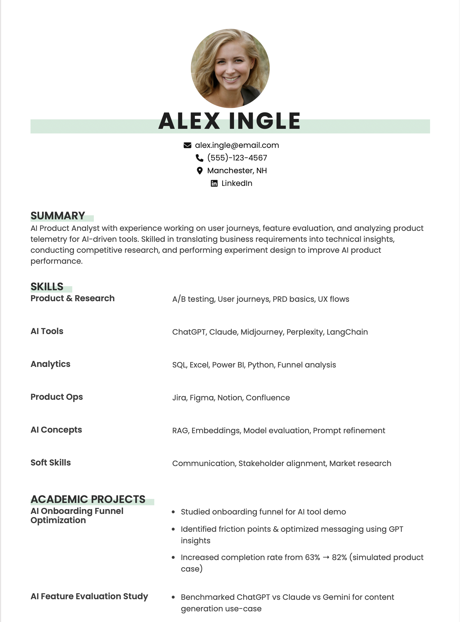 AI Product Analyst Fresher Resume Example