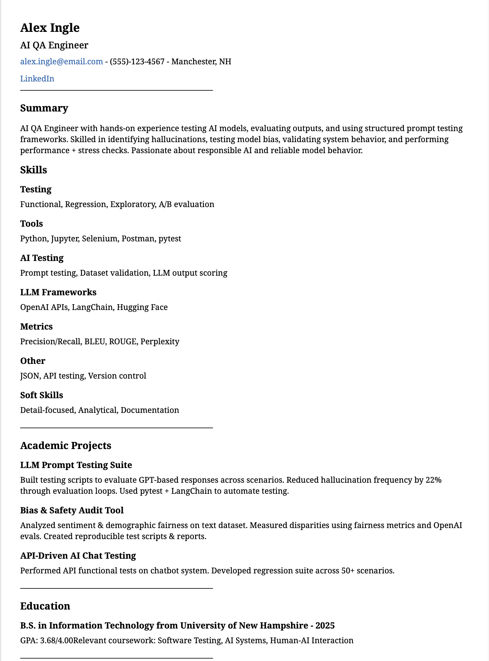 AI QA Tester Fresher Resume Example