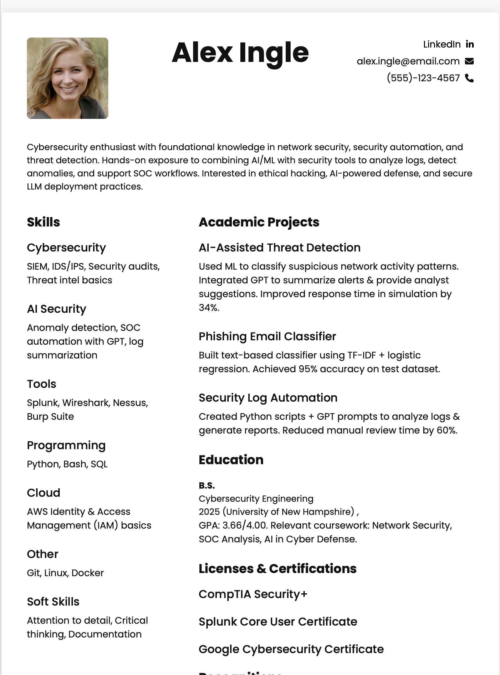 Cybersecurity with AI Fresher Resume Example