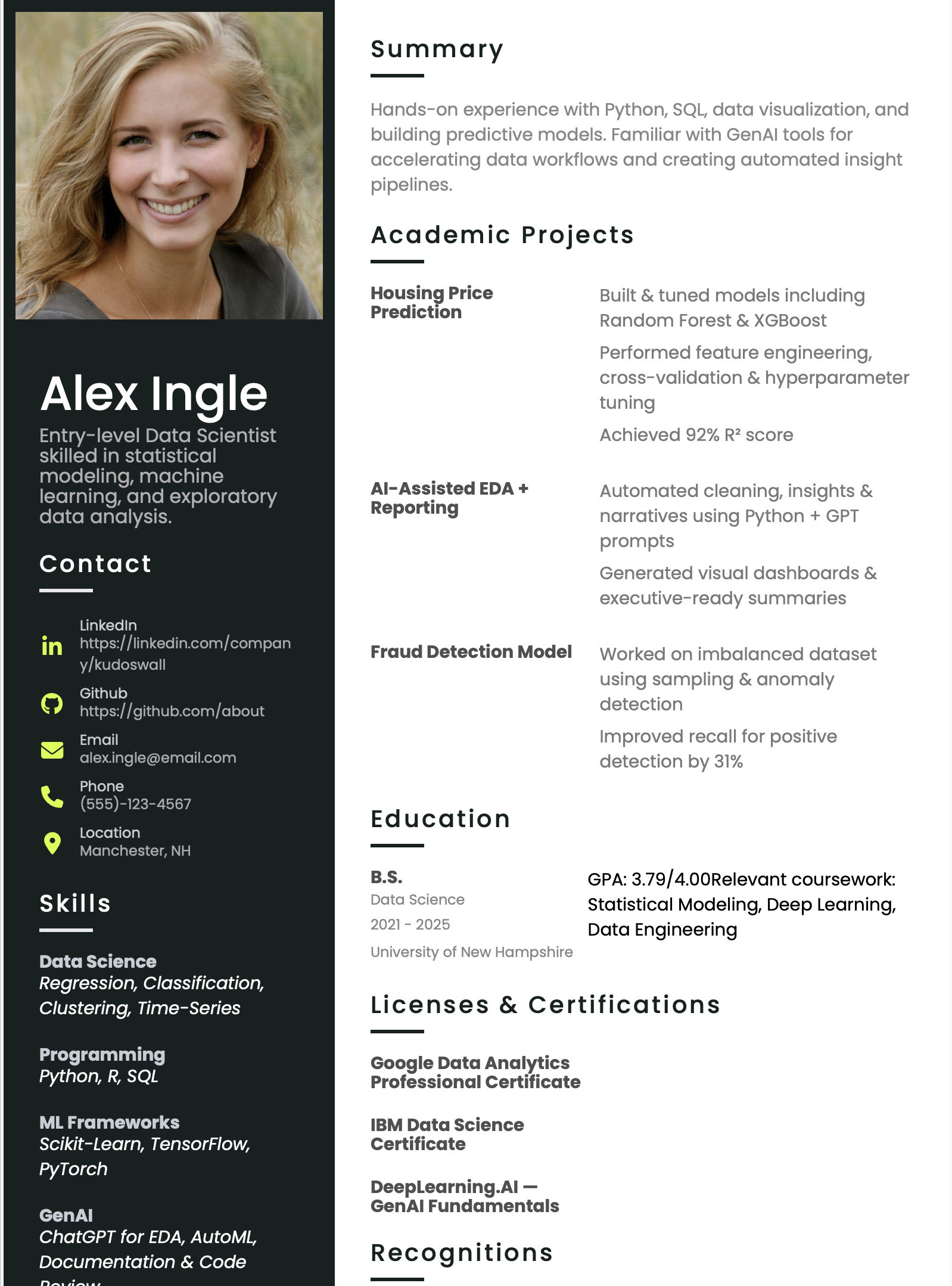 Data Scientist Fresher Resume Example