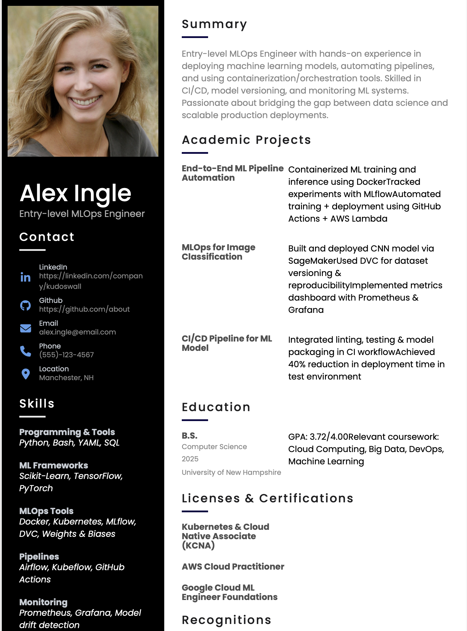 MLOps Fresher Resume Example