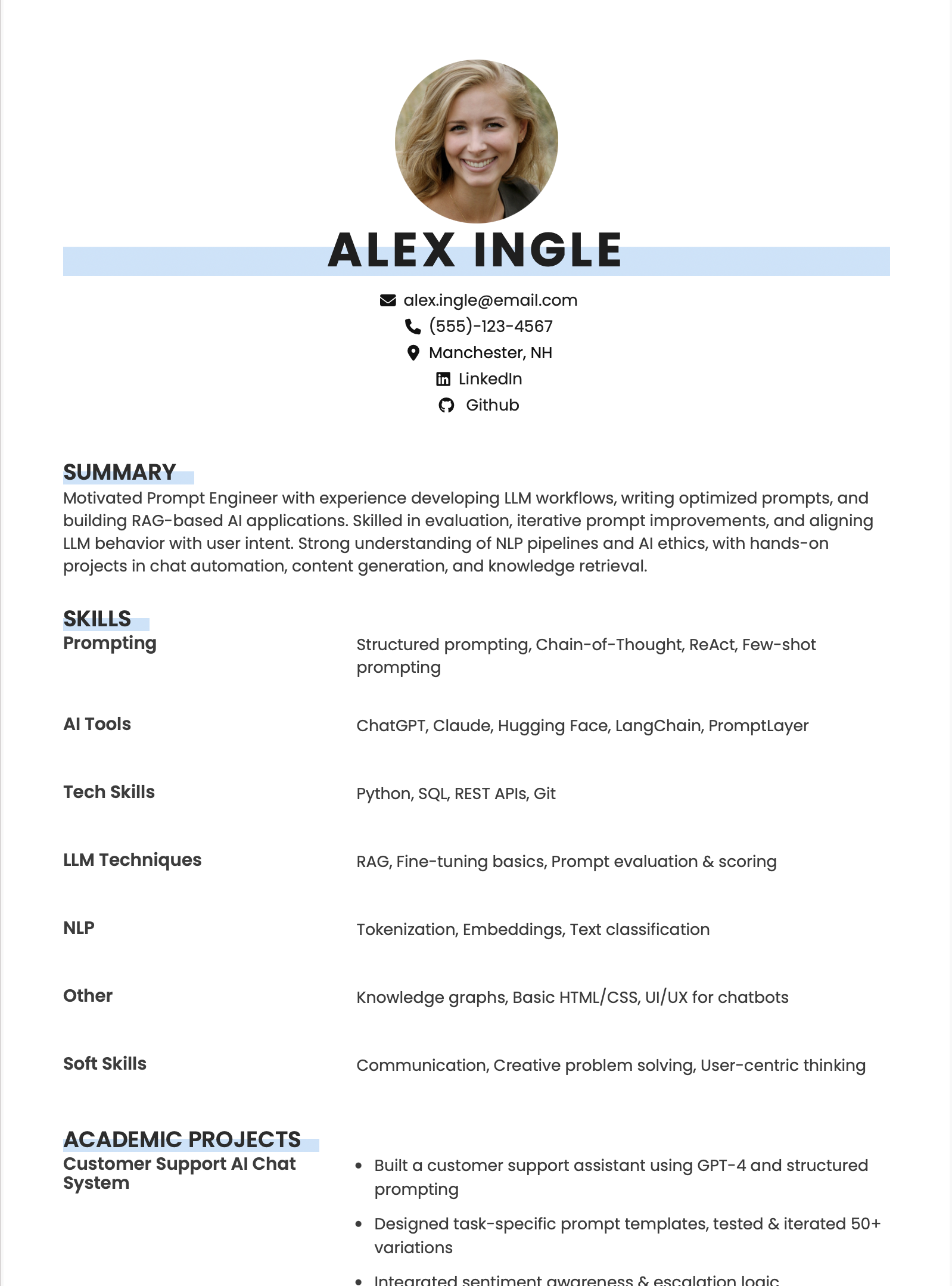 Prompt Engineer Fresher Resume Example