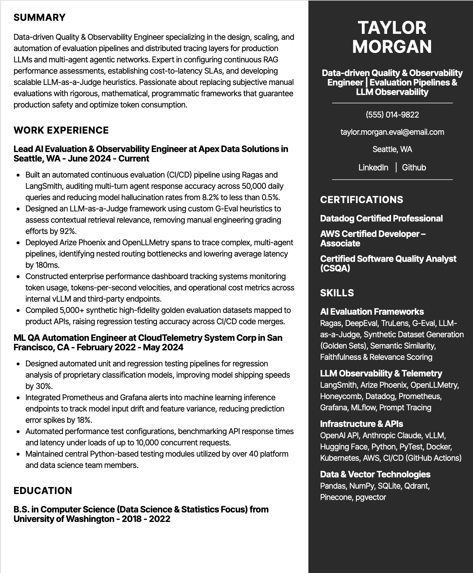 AI Evaluation and Observability Engineer Resume Example