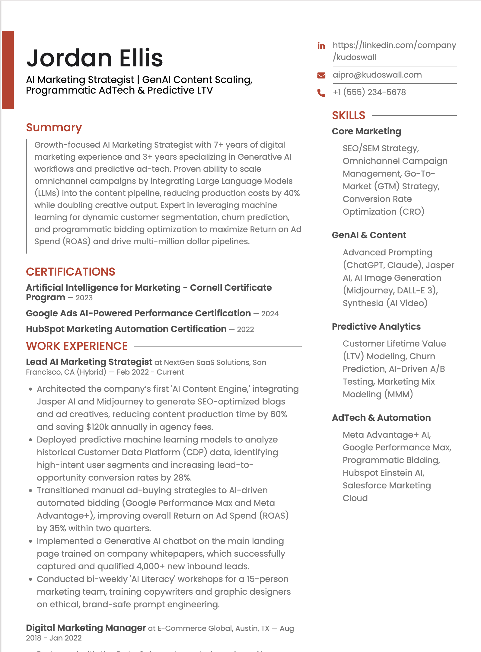 AI Marketing Strategist Resume Example