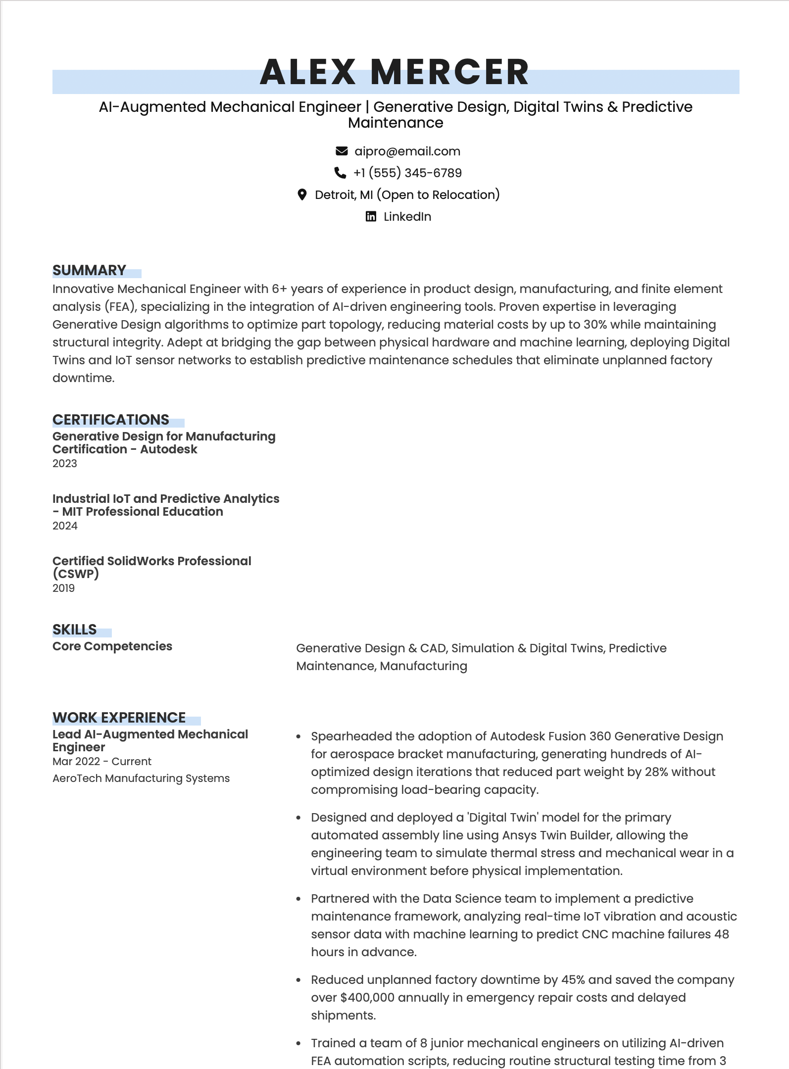 AI Augmented Mechanical Engineer Resume Example