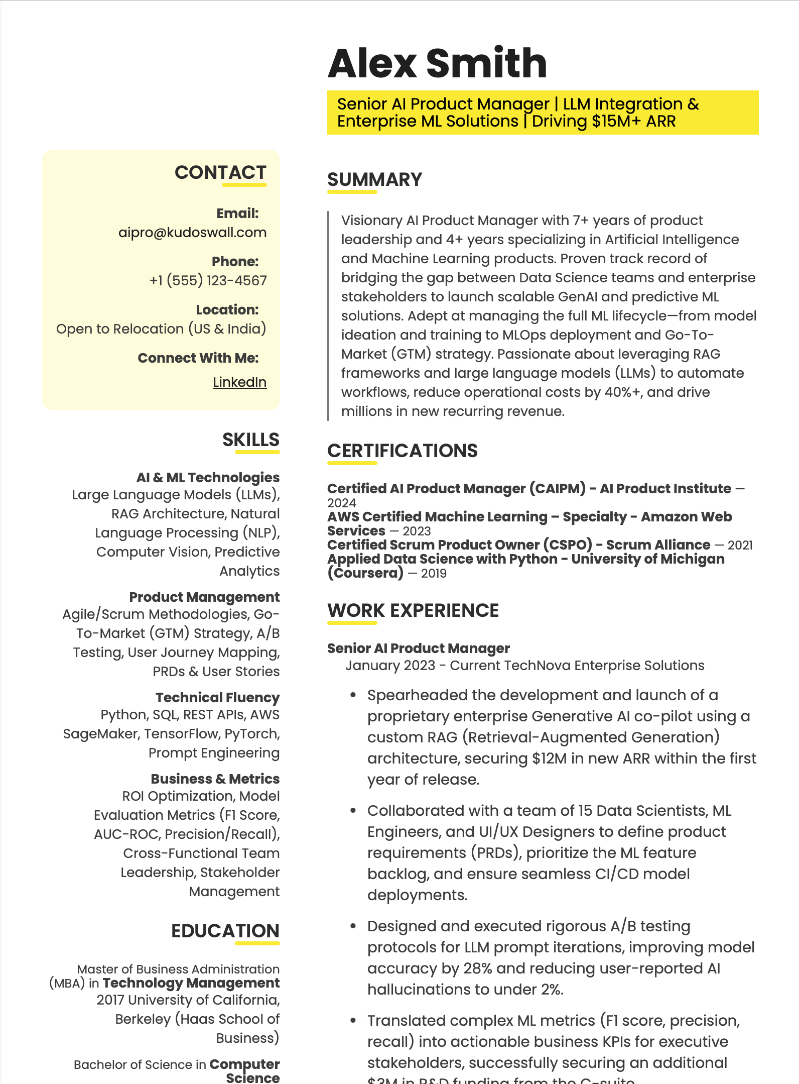 AI Product Manager Resume Example