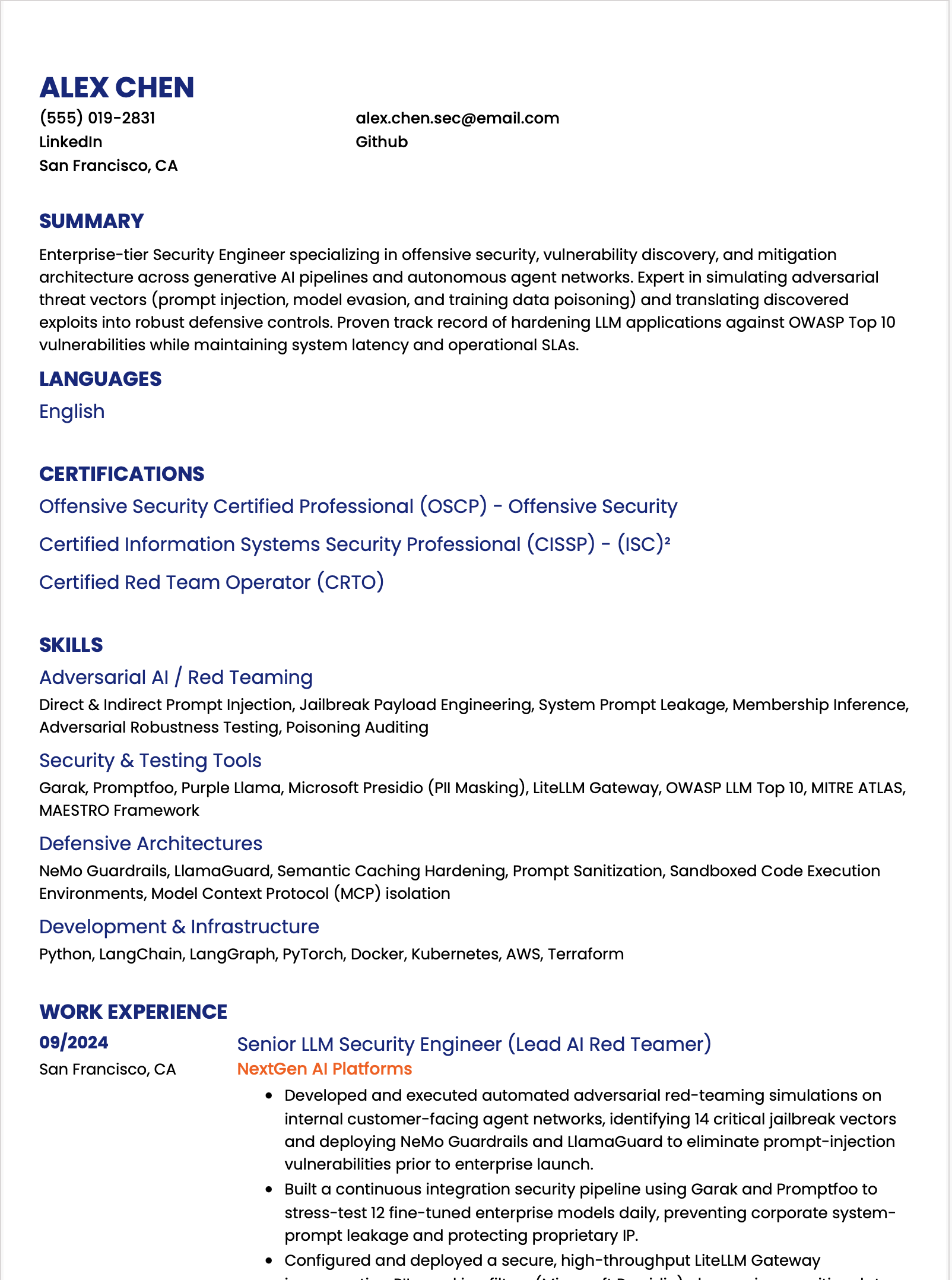 AI Red Teamer and LLM Security Engineer Resume Example
