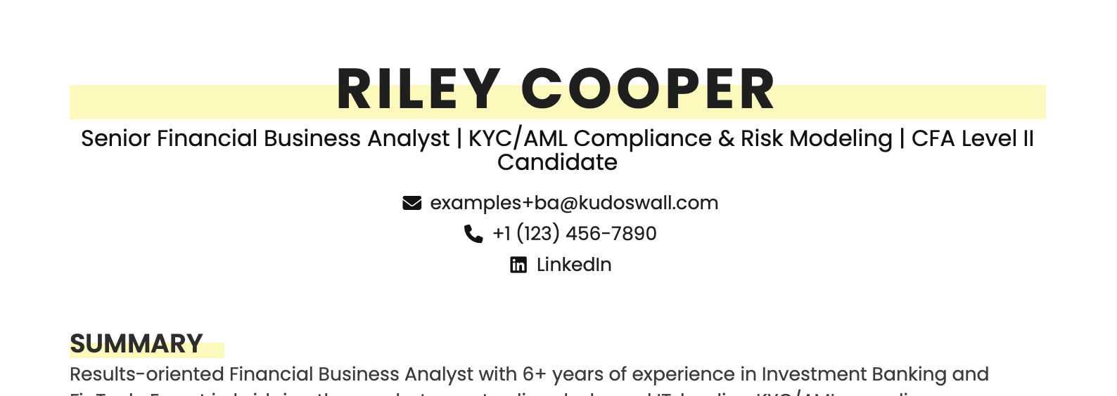 Finance Business Analyst Resume Headline Example