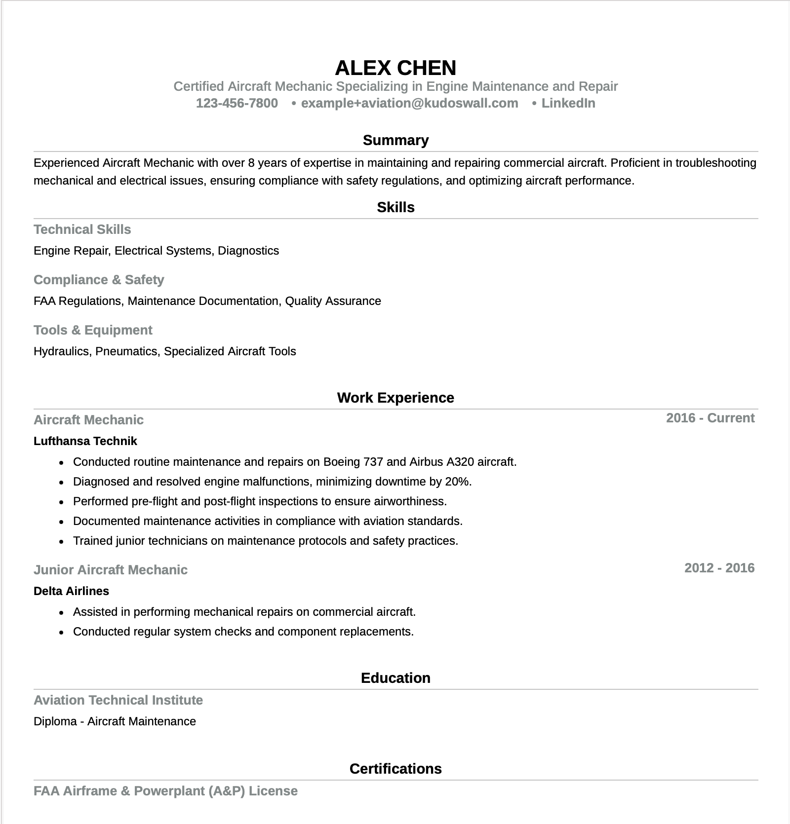 Aircraft Mechanic Maintenance Technician Resume Example