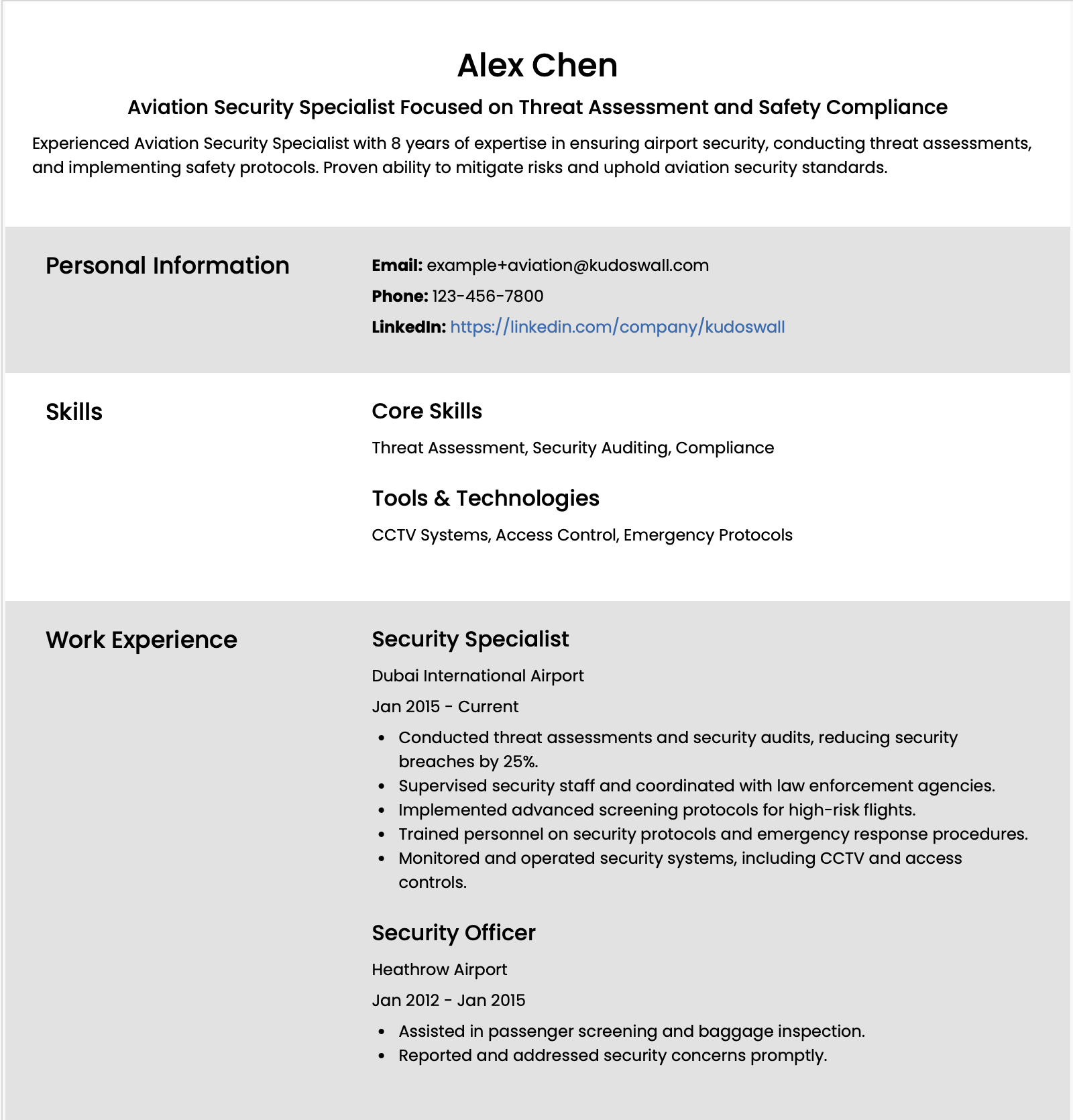 Aviation Security Specialist Resume Example