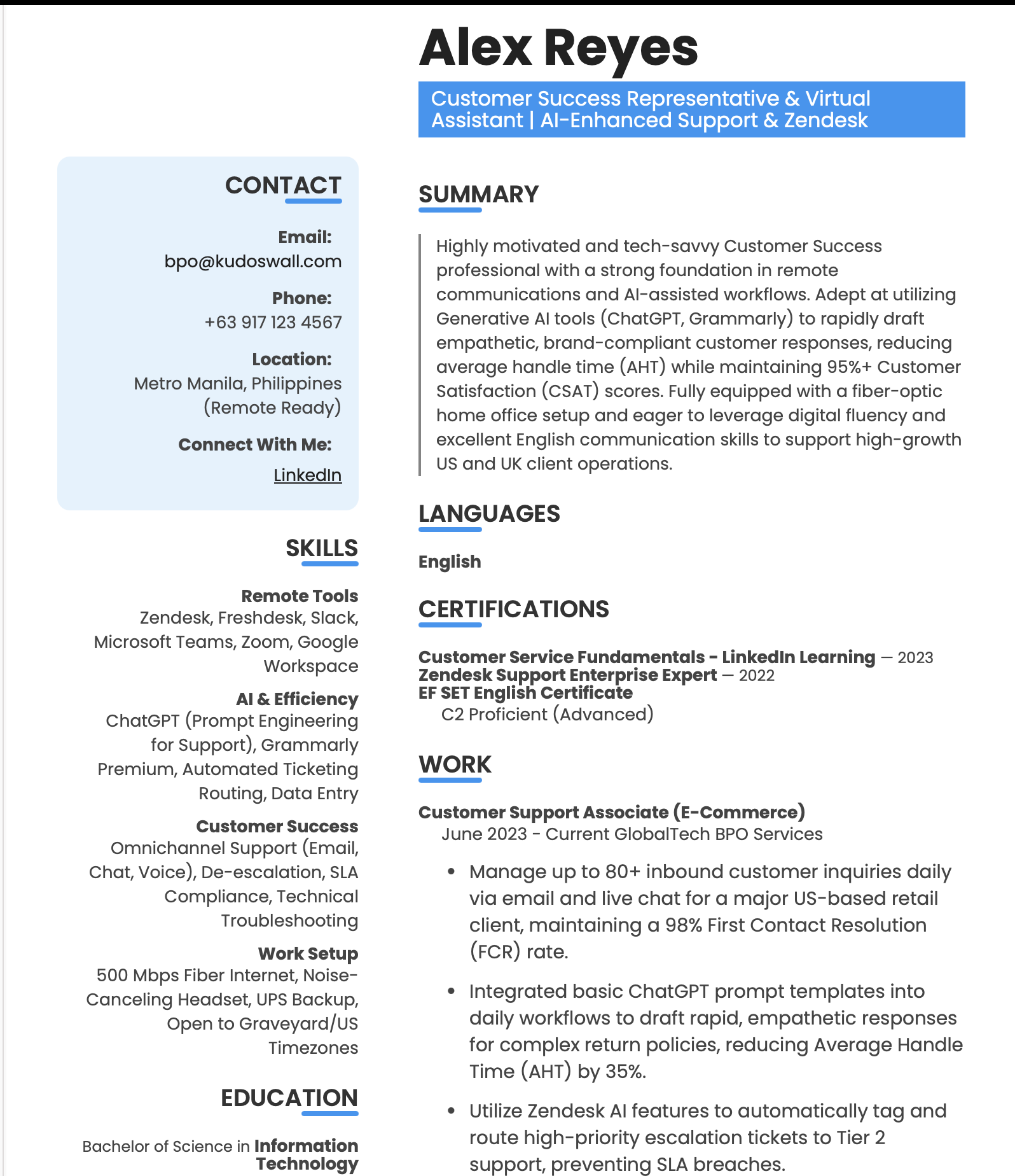 BPO Fresher Resume Example Philippines