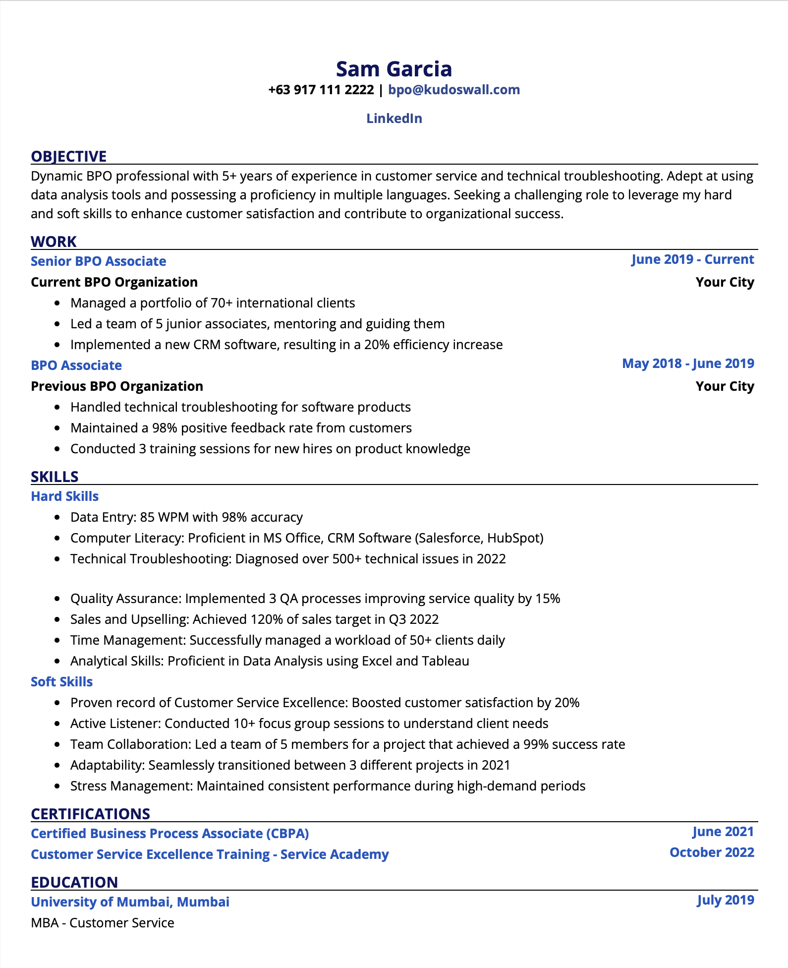 Experienced Call Center Agent Resume Example