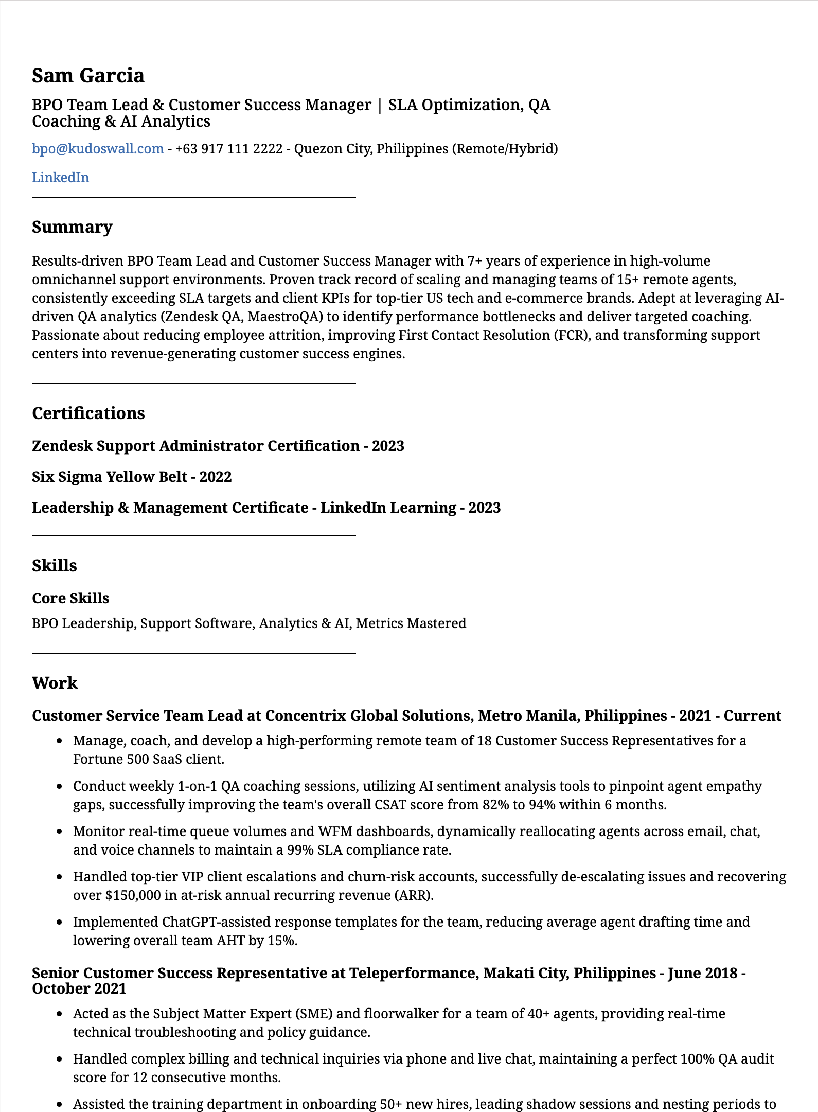 Customer Success Manager Resume