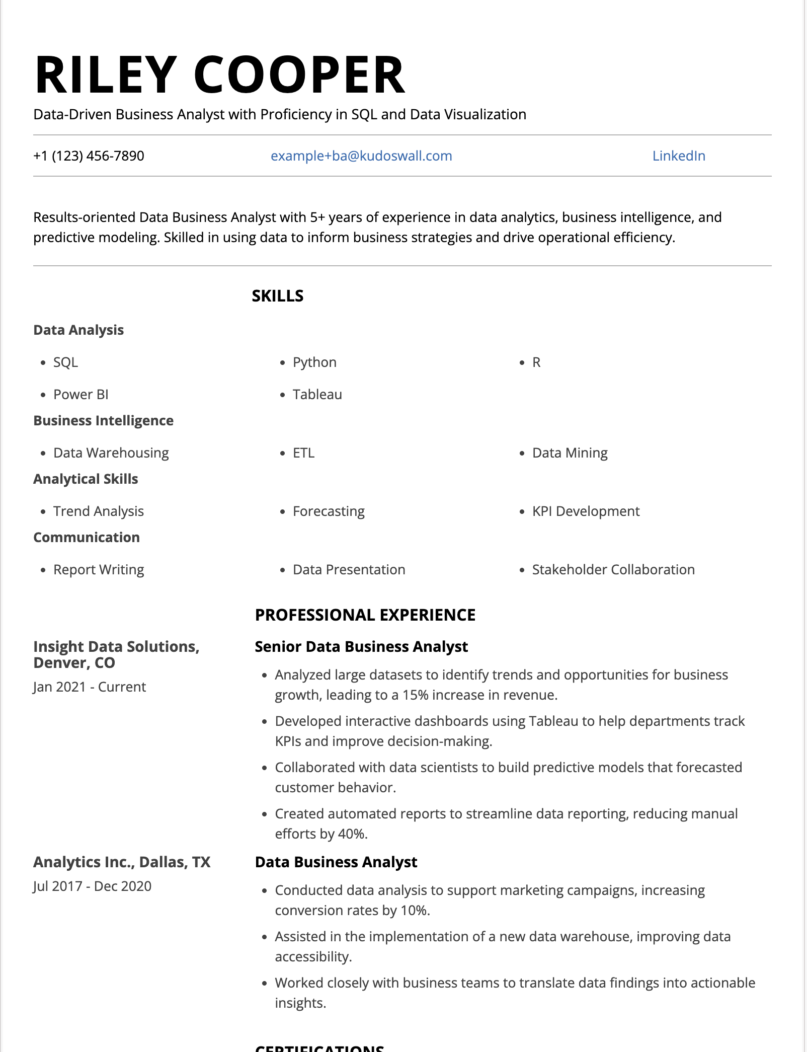 Data Business Analyst Resume