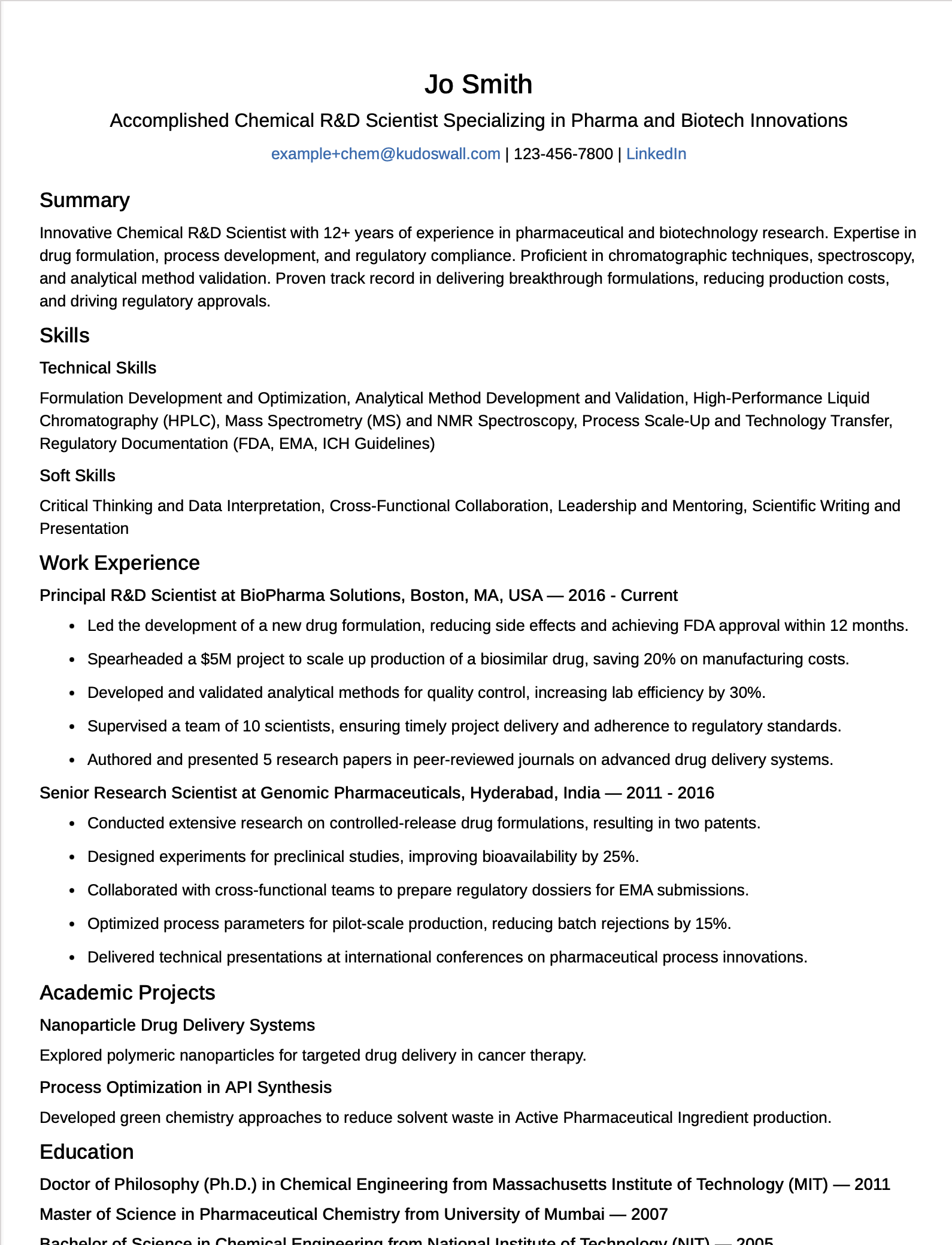 Chemical R&D Scientist Resume Example