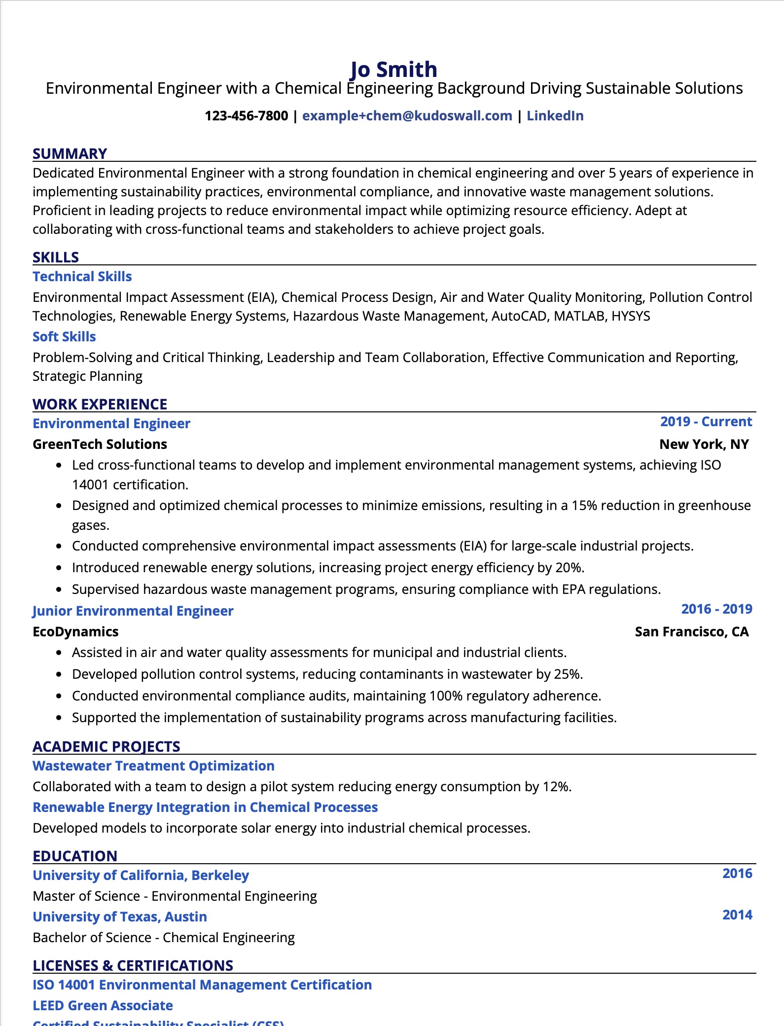 Environmental Engineer with Chemical Background Resume Example