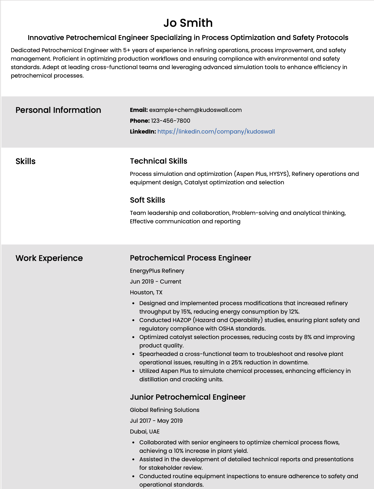 Petrochemical Engineer Resume Example