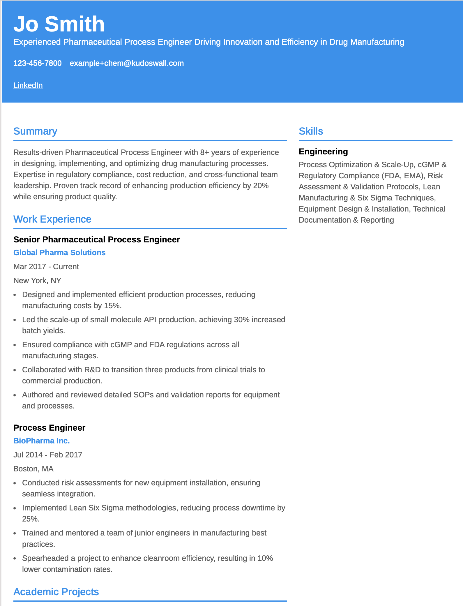 Pharmaceutical Process Engineer Resume Example
