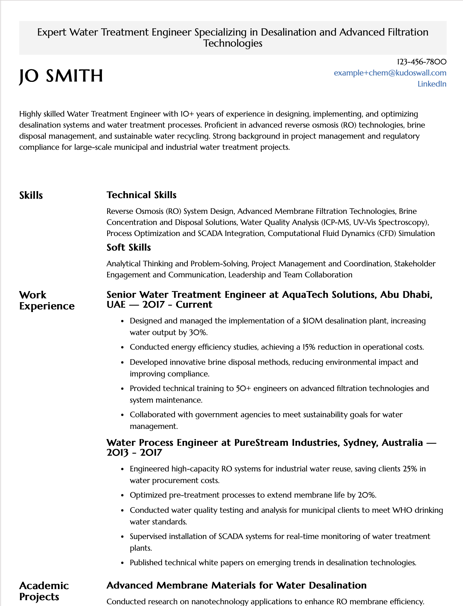 Water Treatment Engineer Resume Example