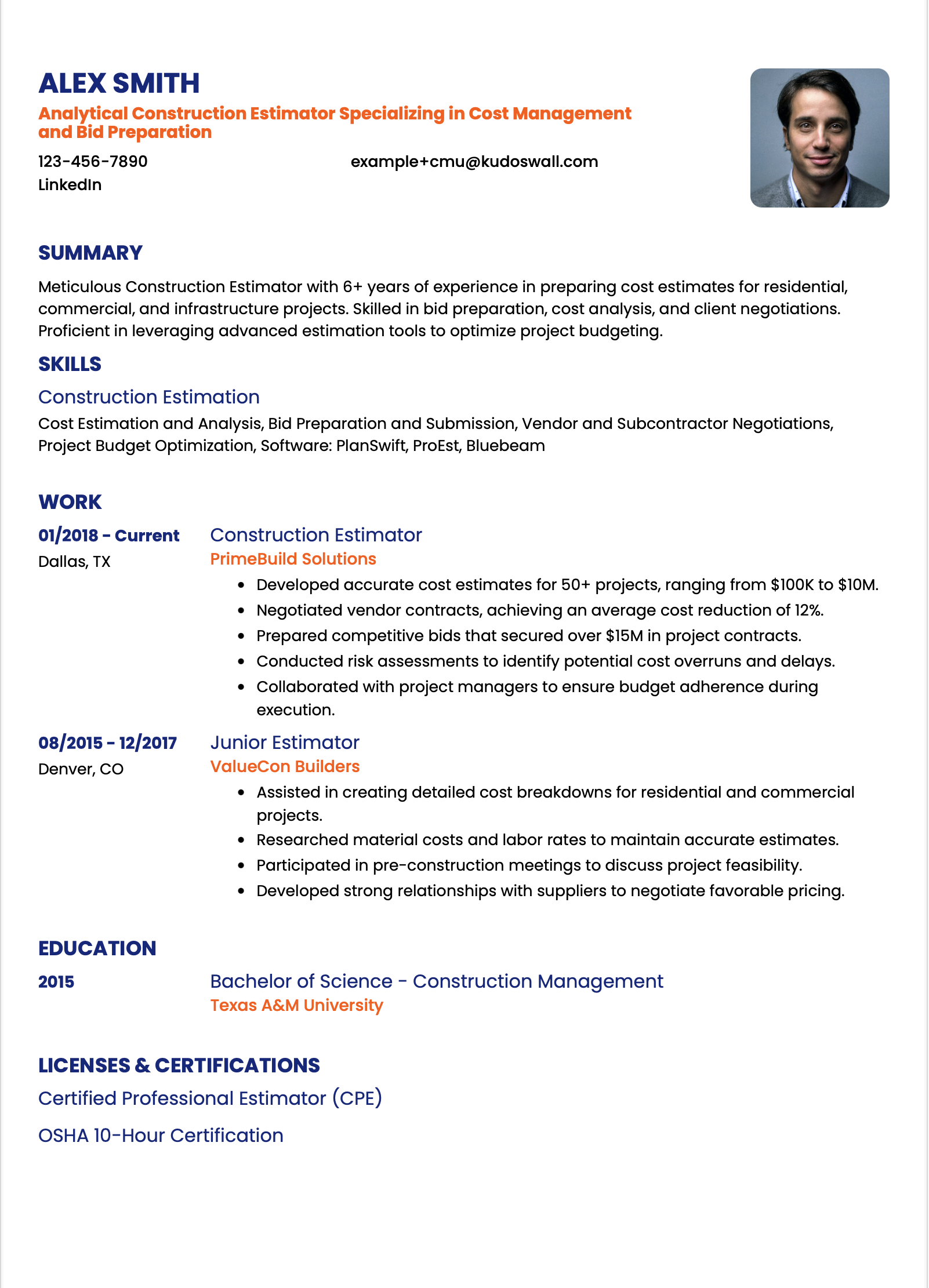 Construction Estimator Resume Example