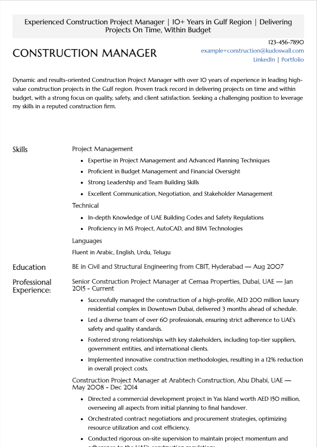 Gulf Construction Manager Resume