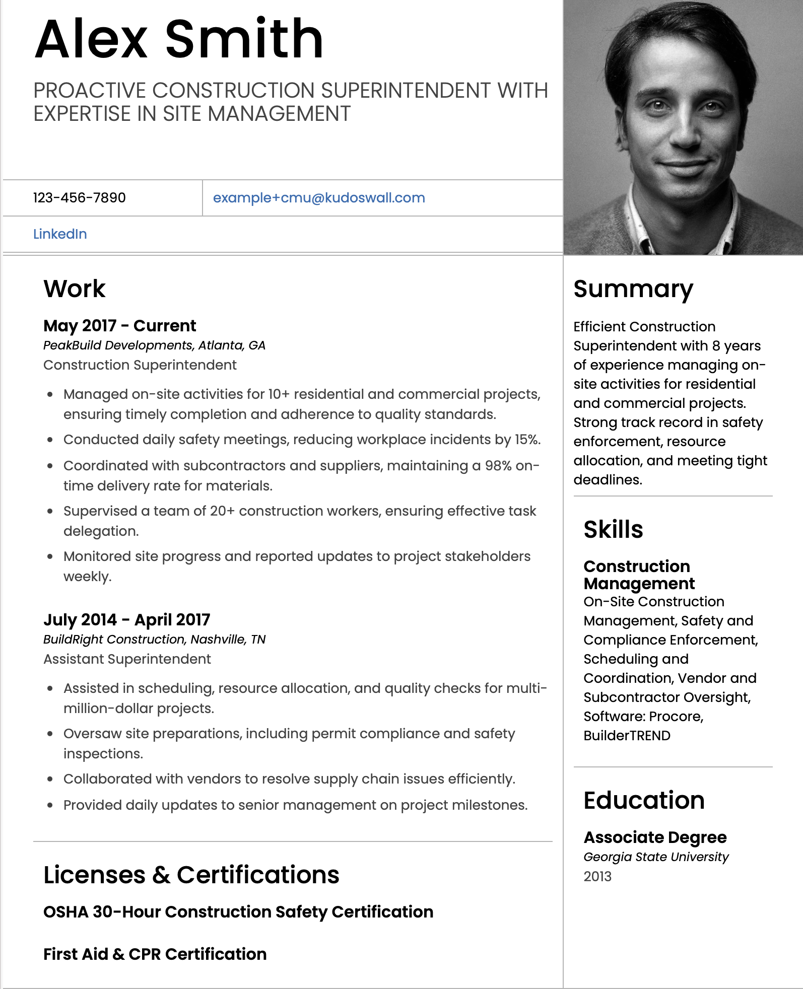 Construction Superintendent Resume Example