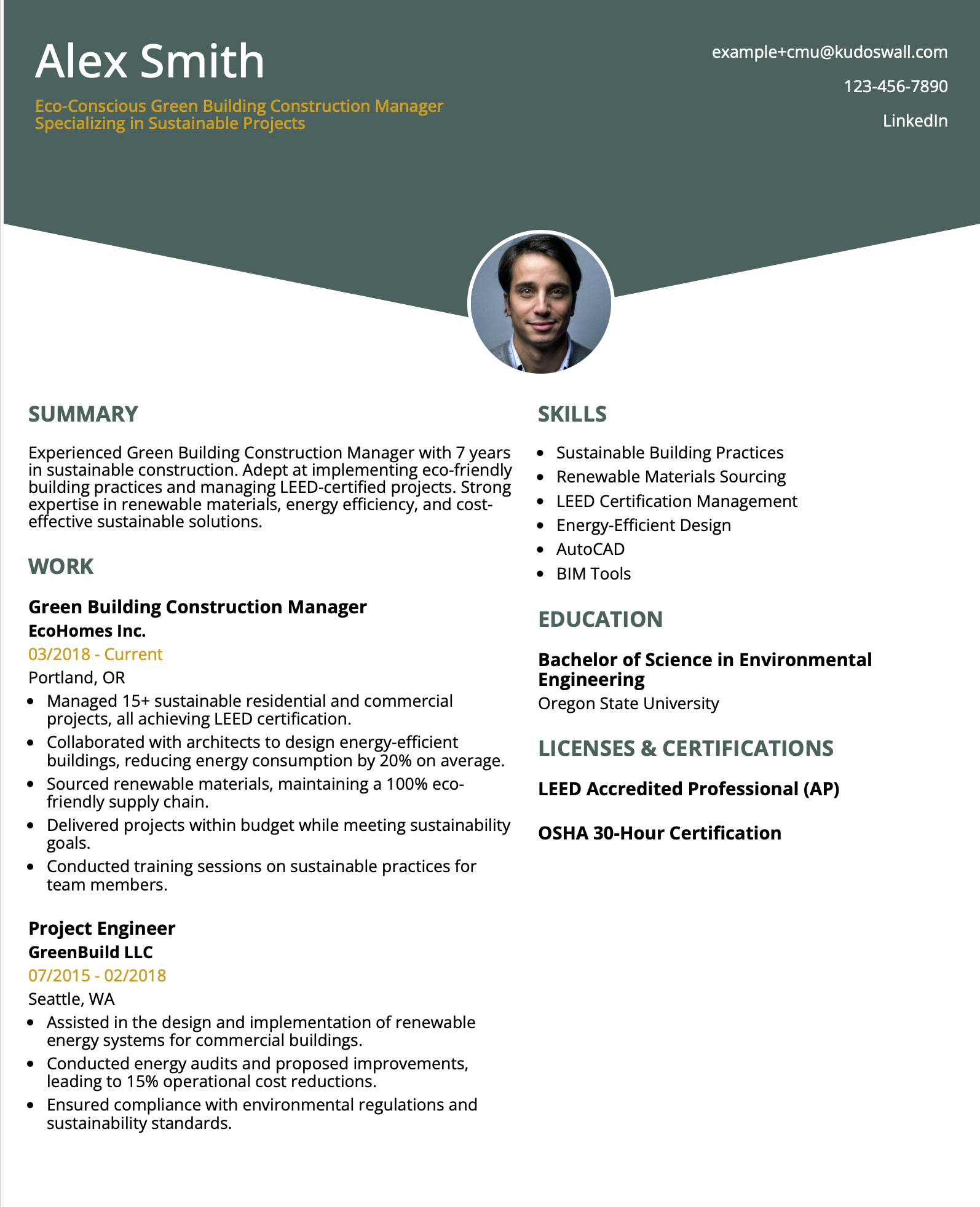 Green Building Construction Manager Resume Example