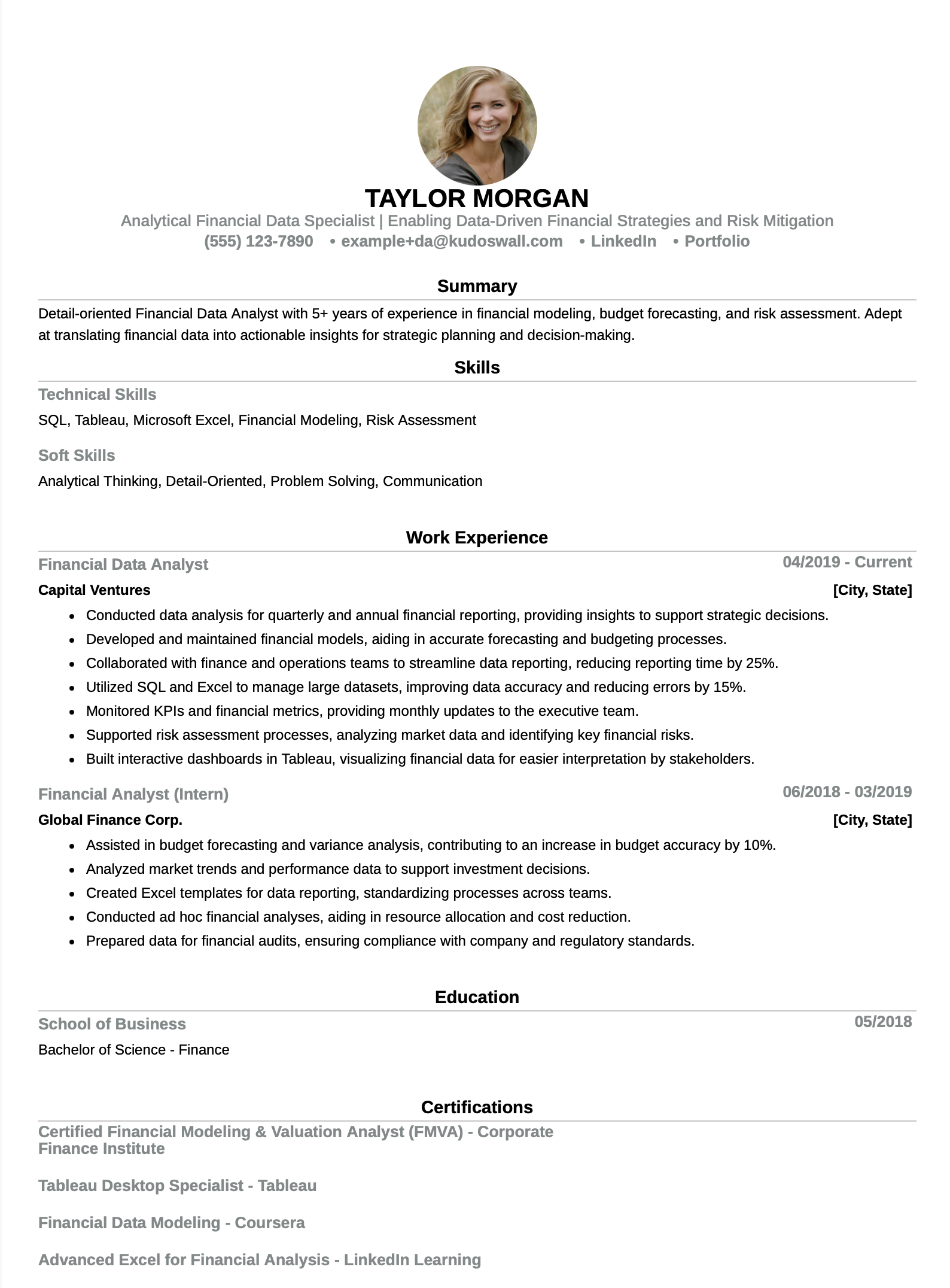 Financial Data Analyst Resume Example | Advance Your Finance 