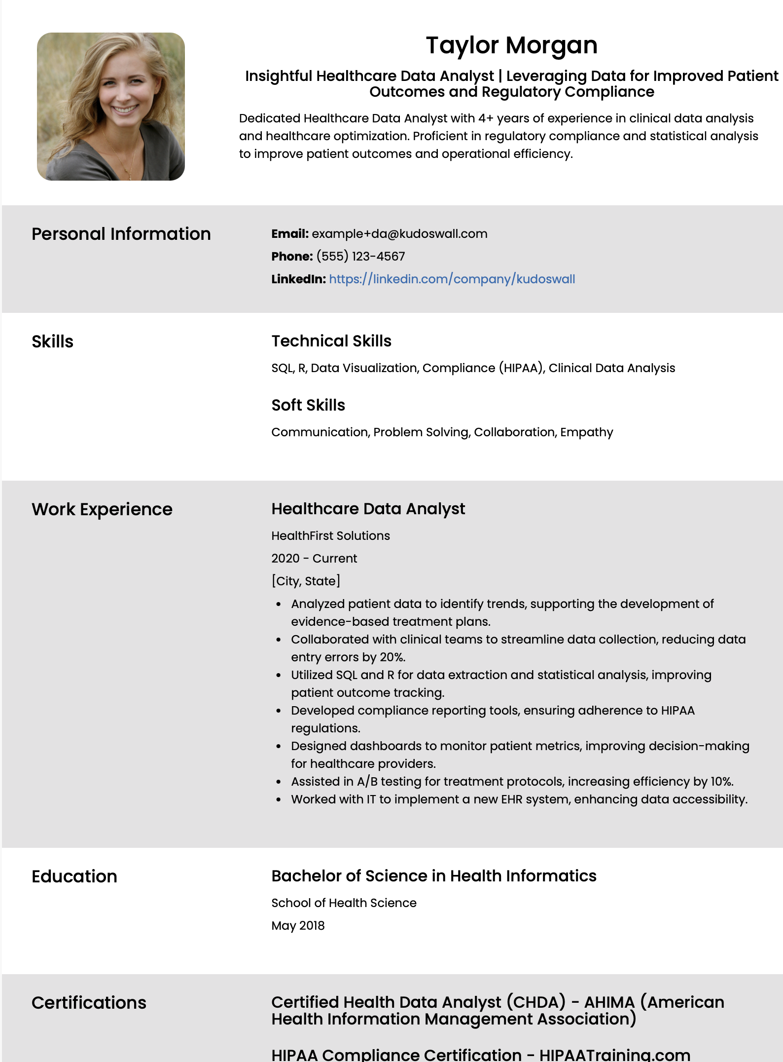 Healthcare Data Analyst Resume Example