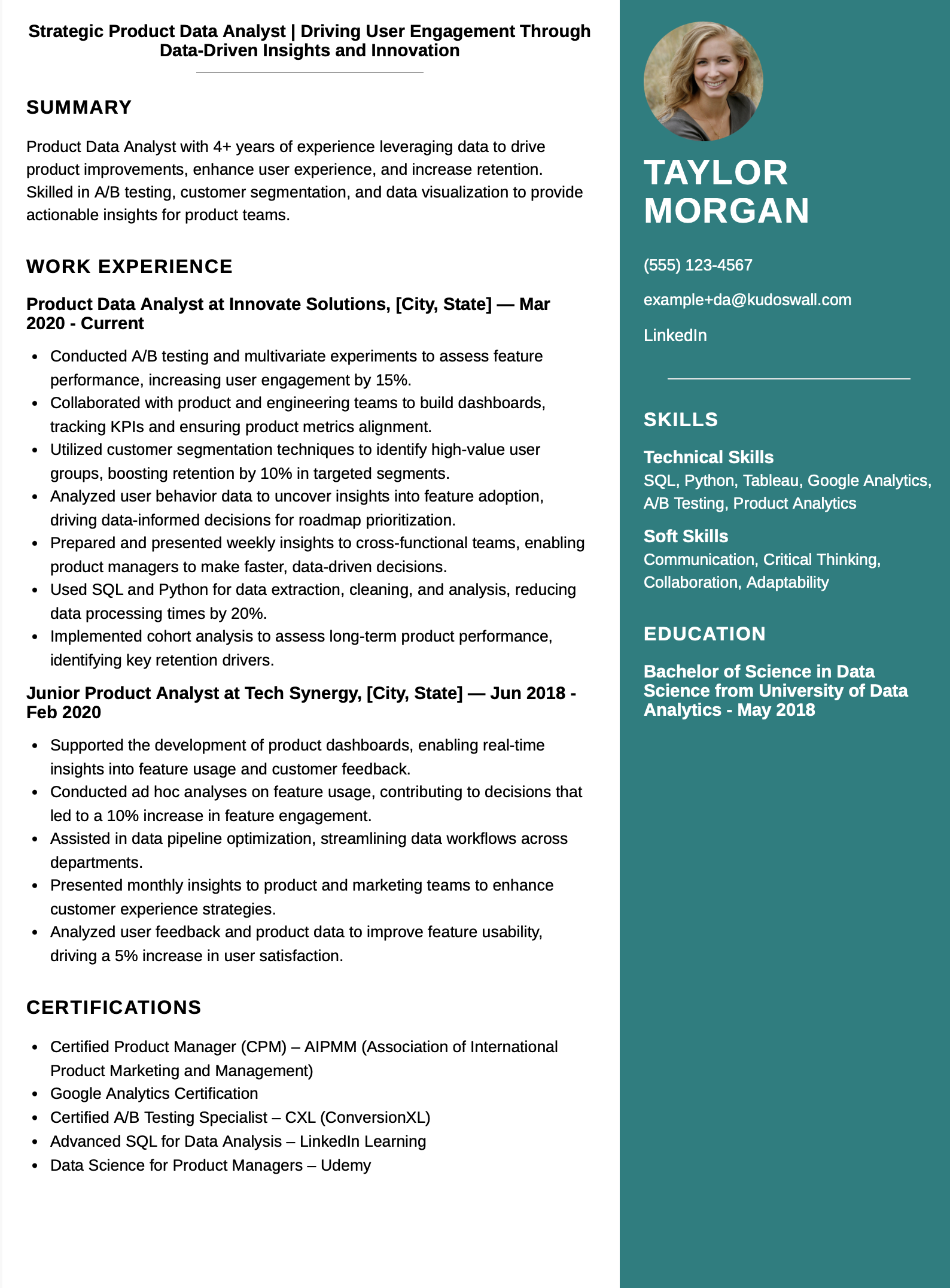 Product Data Analyst Resume Example