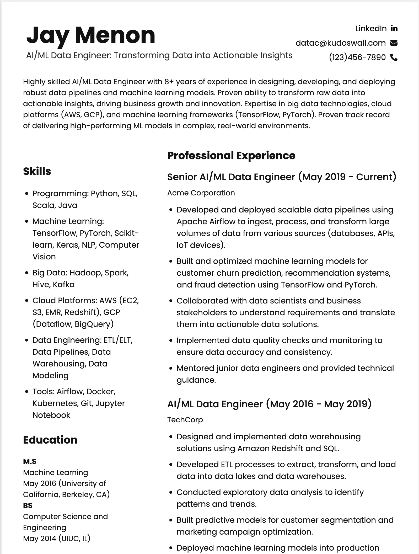 Senior AI and Machine Learning Engineer Resume Example