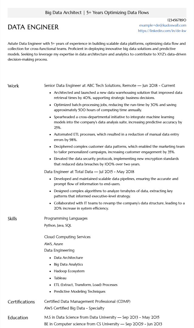 Big Data Engineer Resume Example