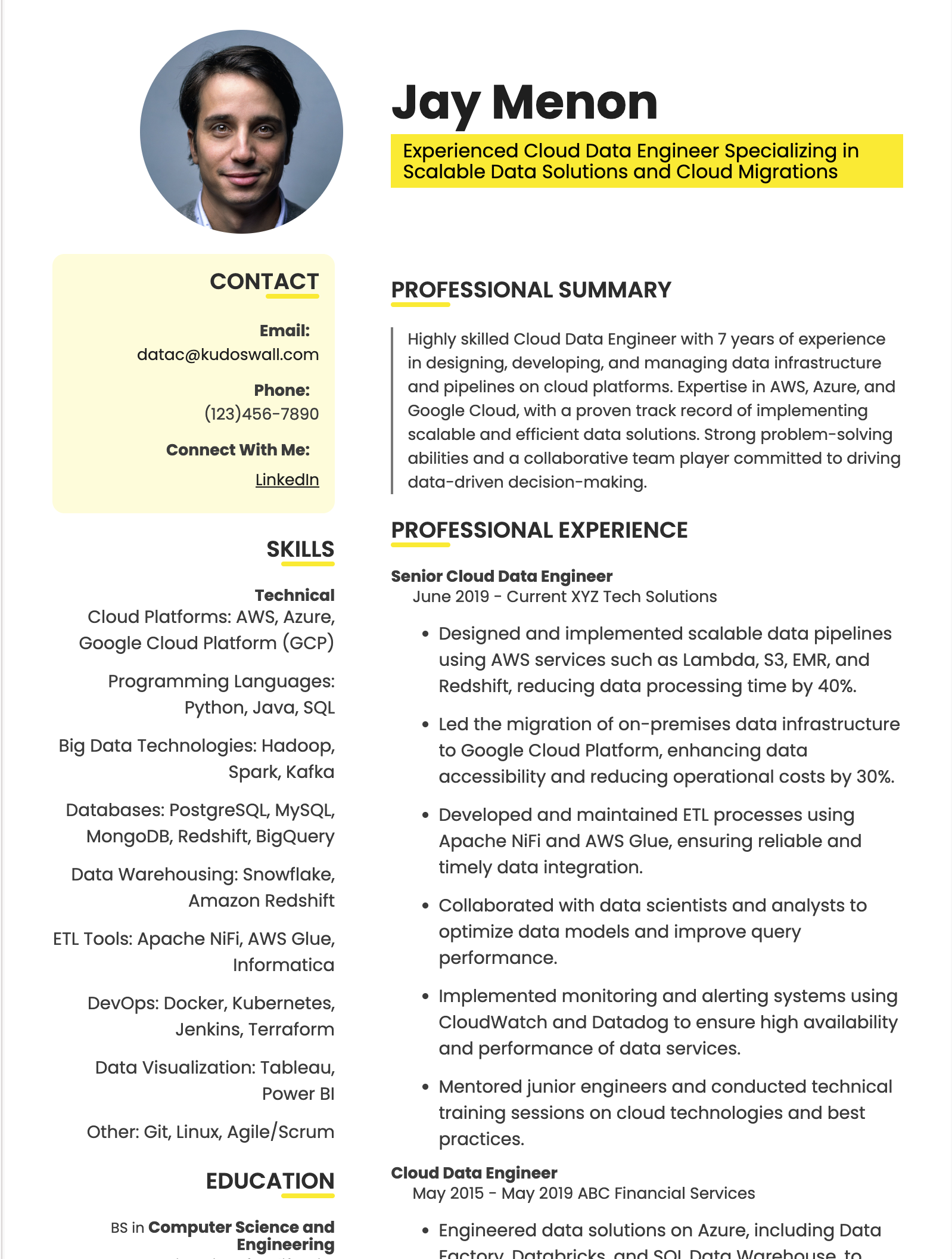 Cloud and AWS Data Engineer Resume Example