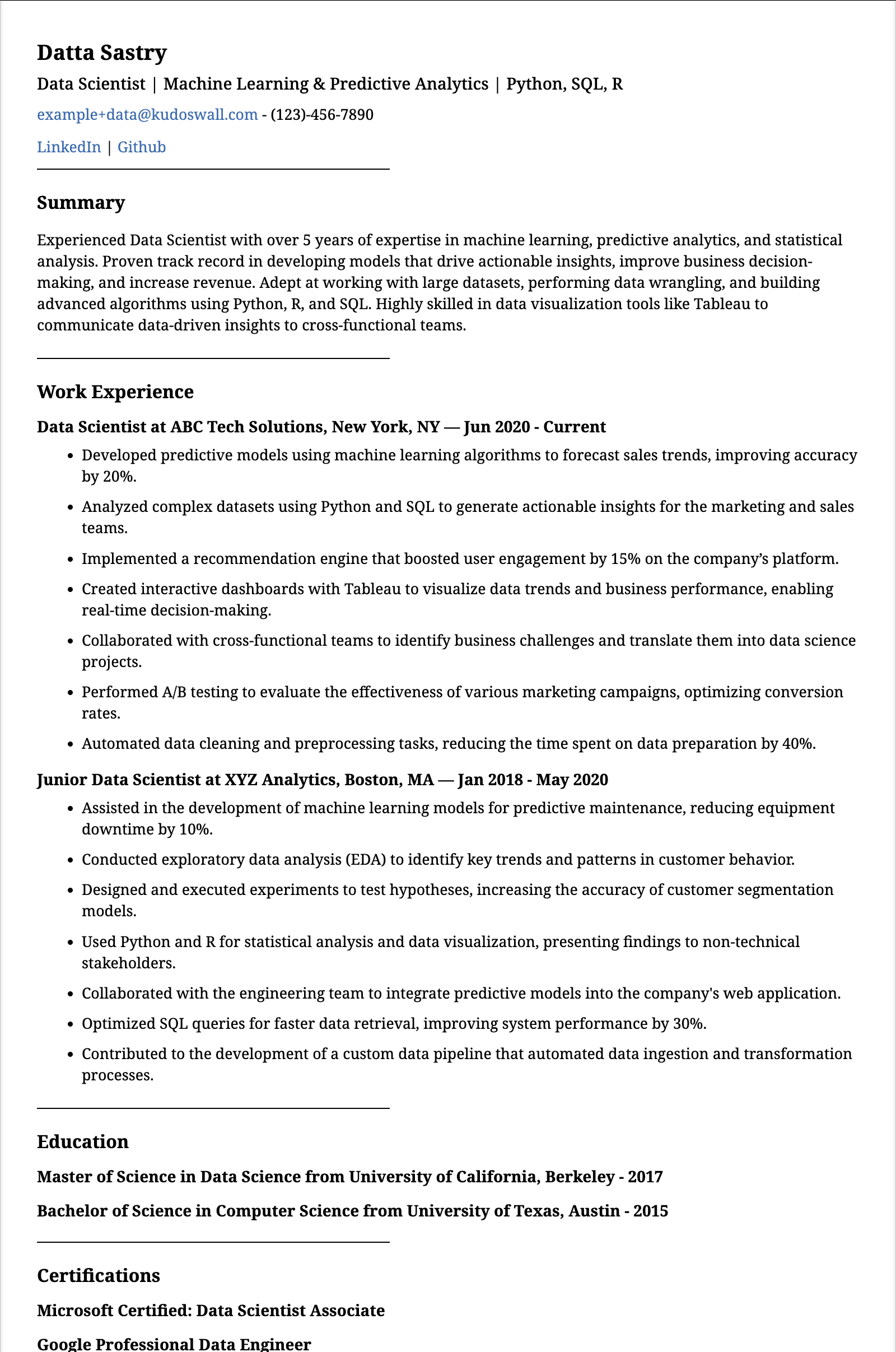 Data Scientist Resume