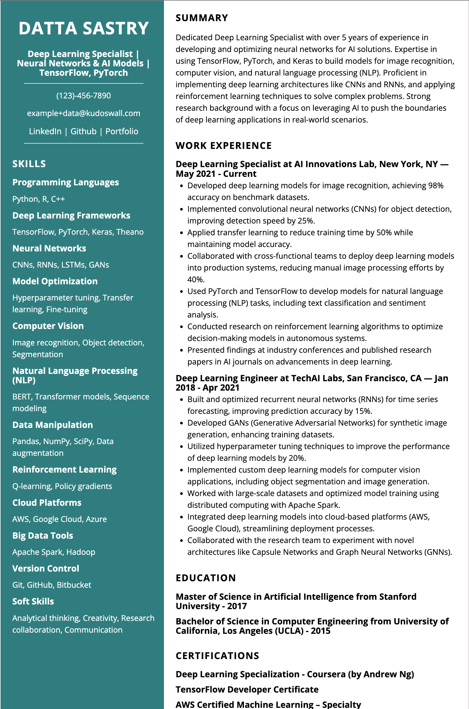 Deep Learning Specialist Resume