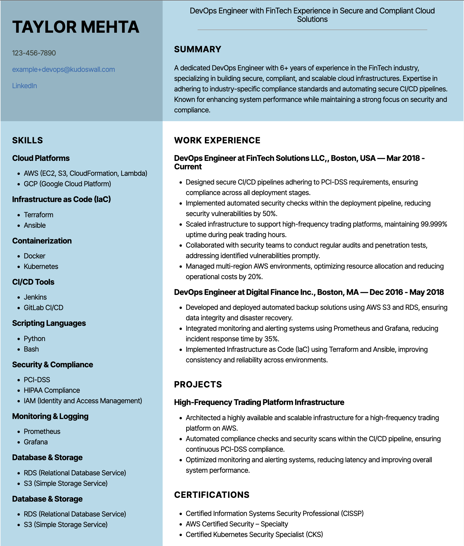 FinTech DevOps Engineer Resume