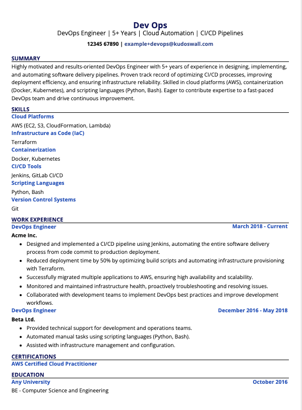 Mid-level DevOps Engineer Resume