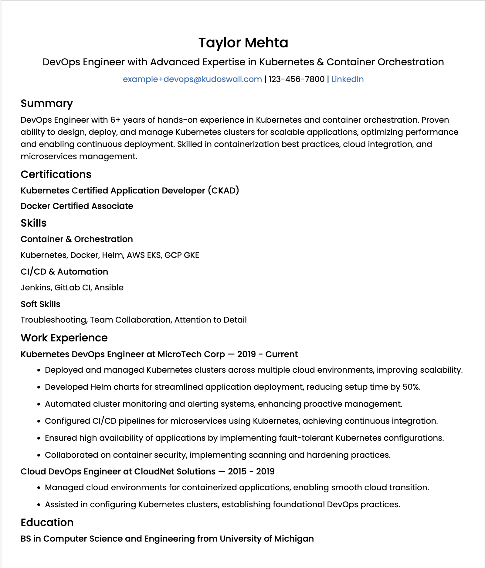 Kubernetes DevOps Engineer Resume Example