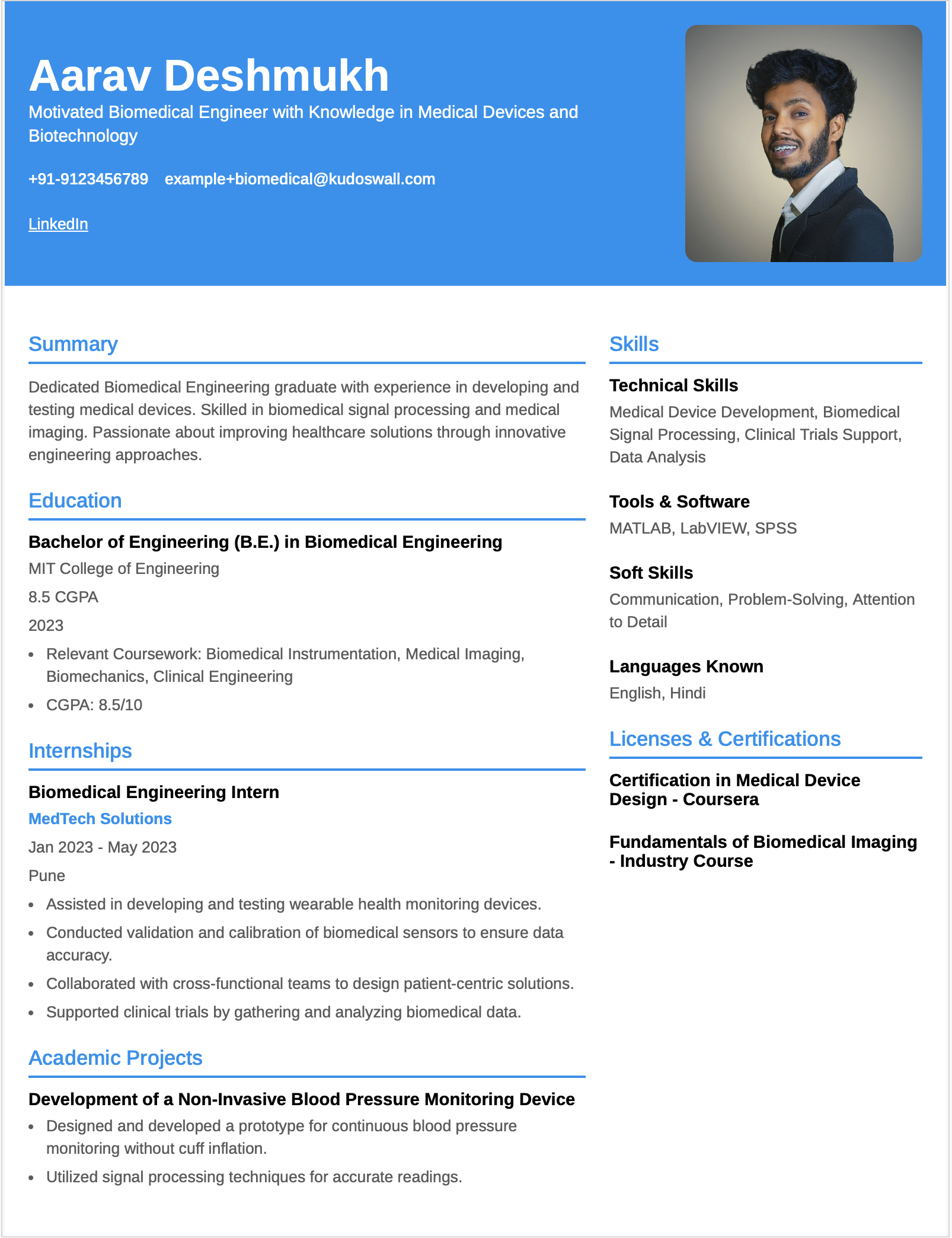 Biomedical Engineering Fresher Resume Example