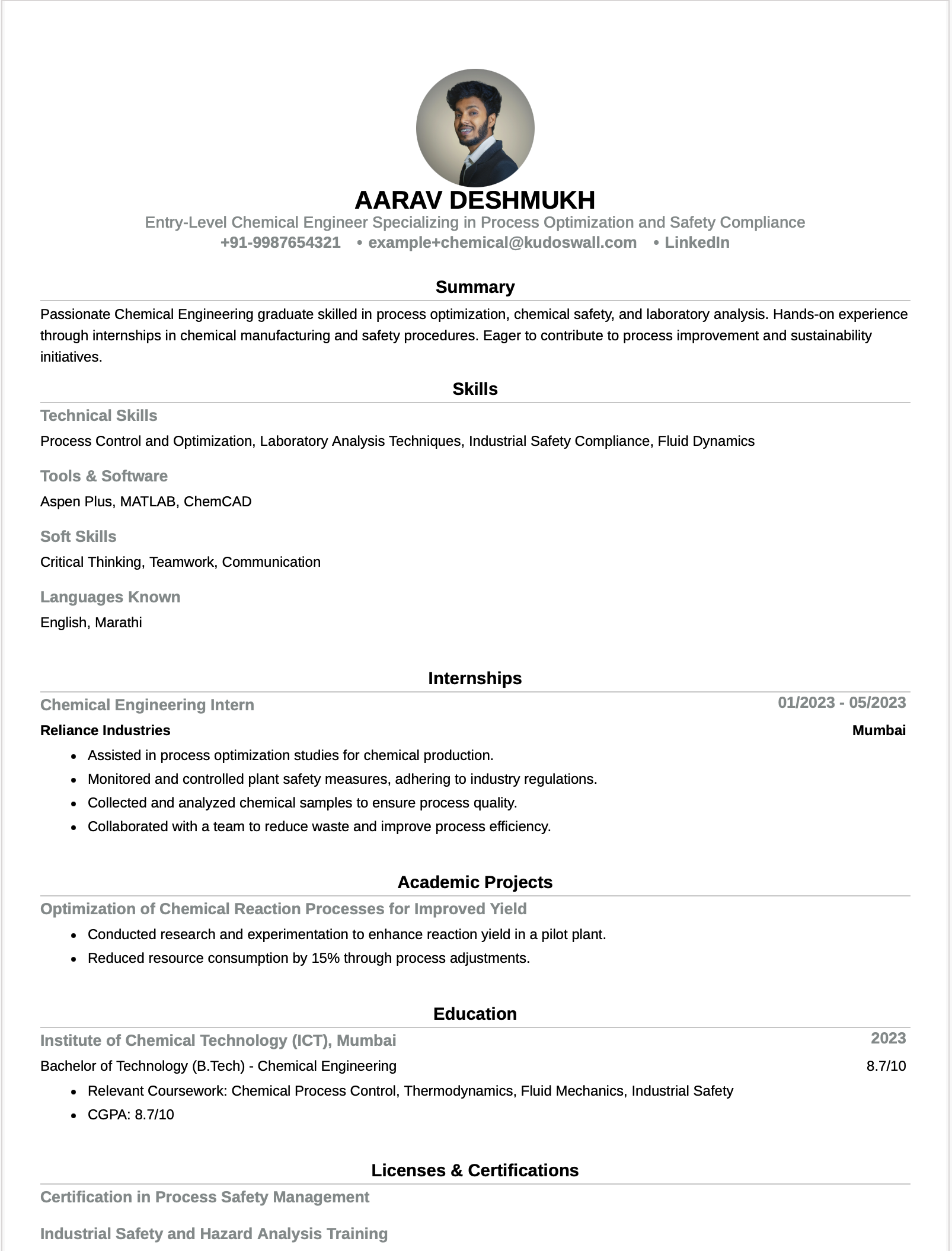 Chemical Engineering Fresher Resume Example | Entry-Level Chemical 