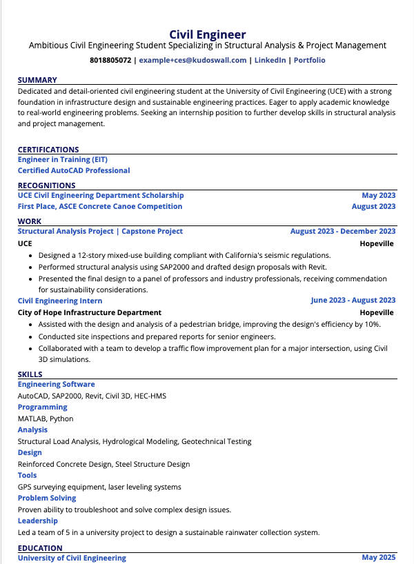 Civil Engineering Fresher Resume Example