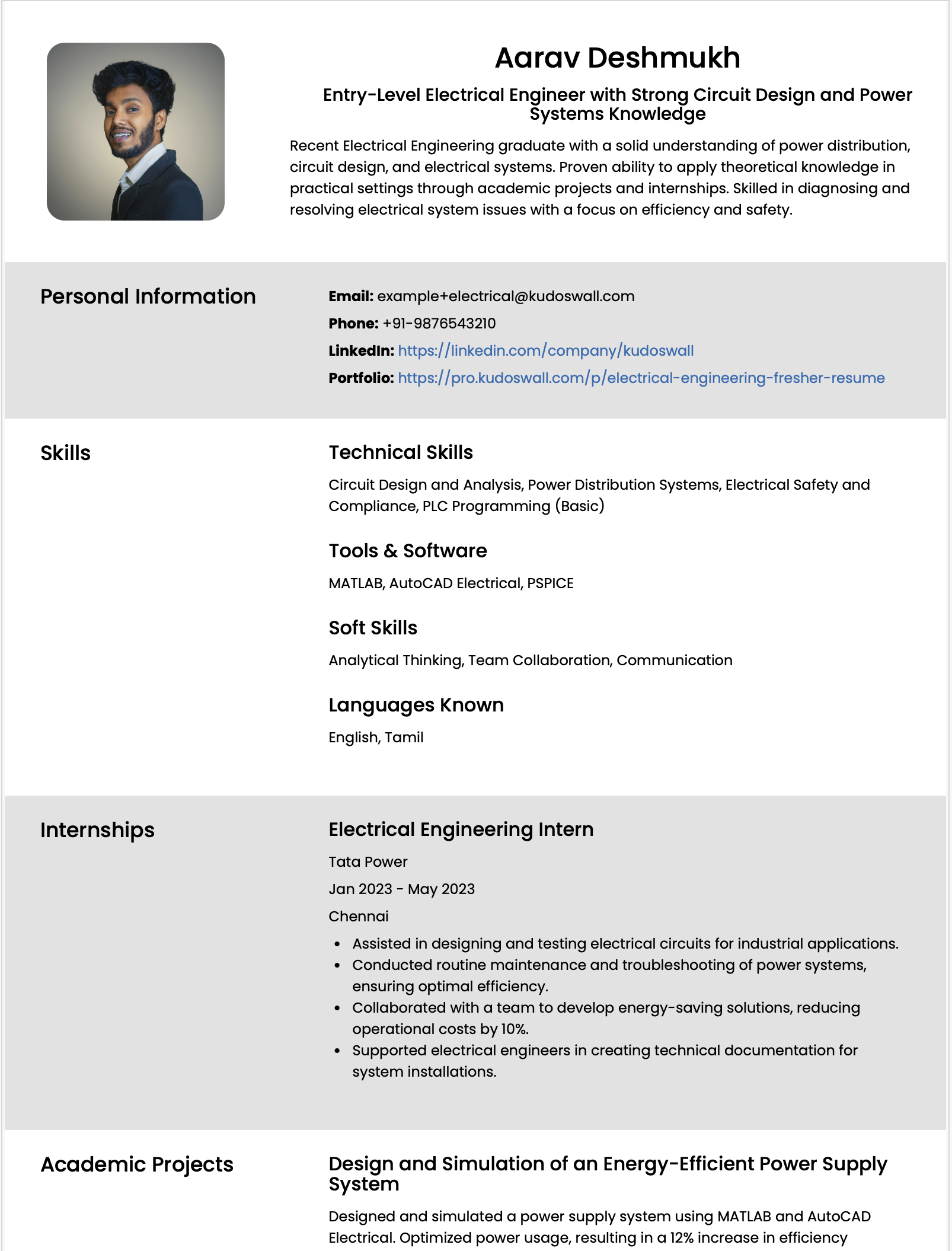 Electrical Engineering Fresher Resume Example