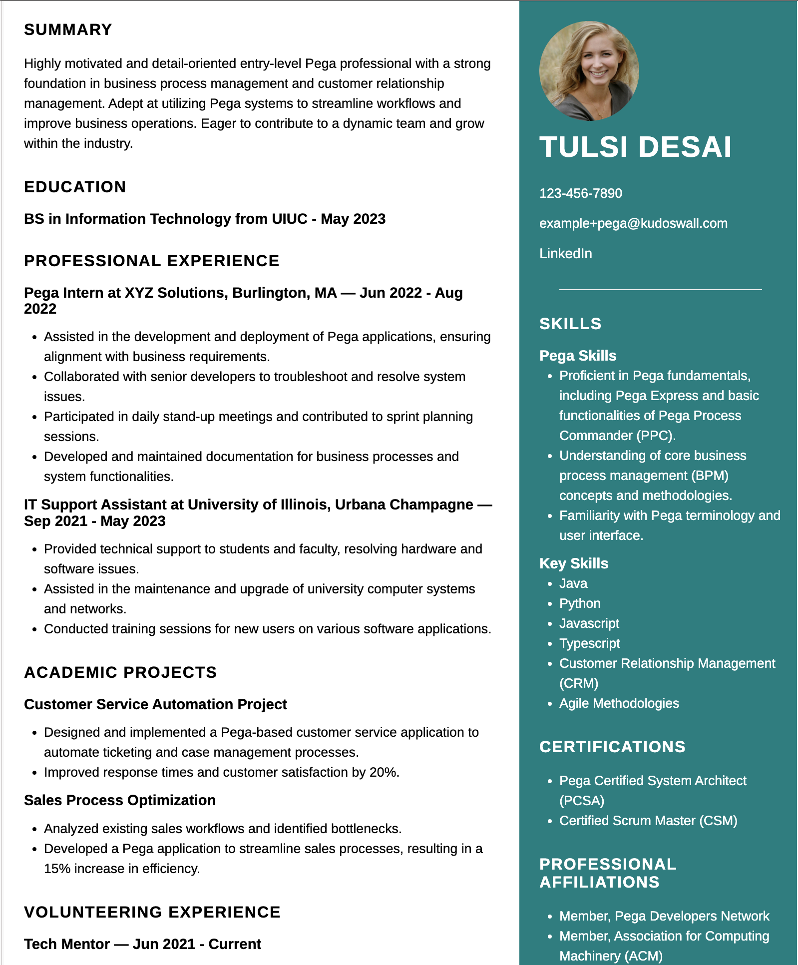 Pega Developer Fresher Resume Example