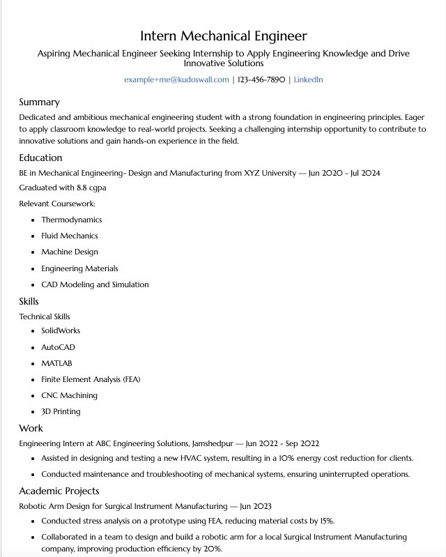 Mechanical Engineering Fresher Resume Example