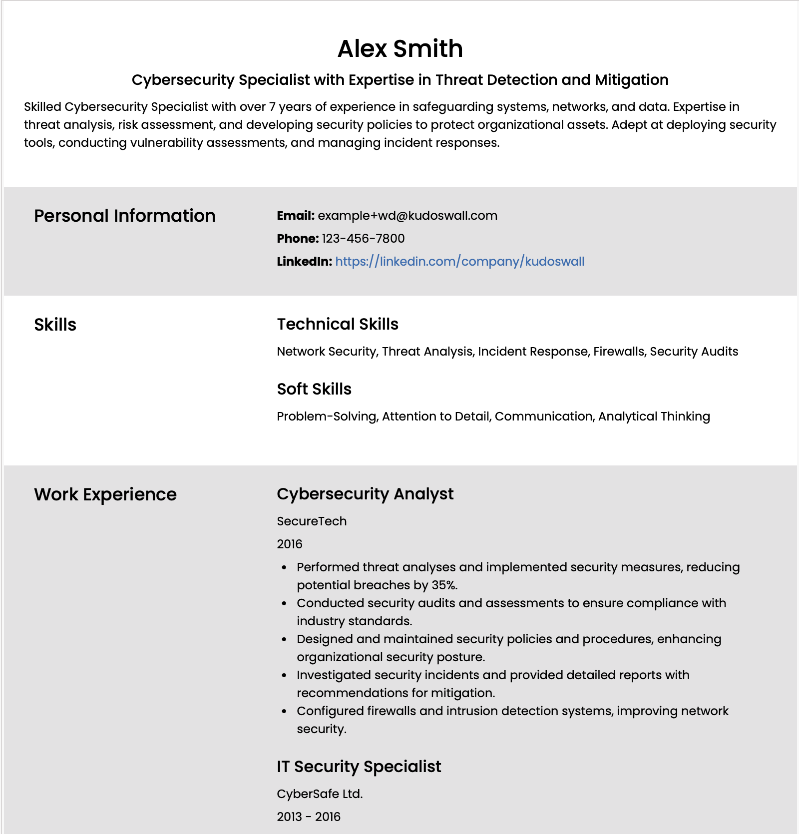 Cybersecurity Specialist Europass CV Example Built Using Modern Europass CV Template