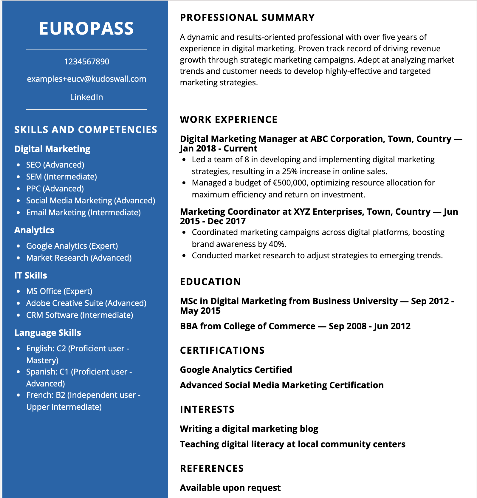 Digital Marketing Specialist Europass CV Example Built Using Standard Europass CV Template