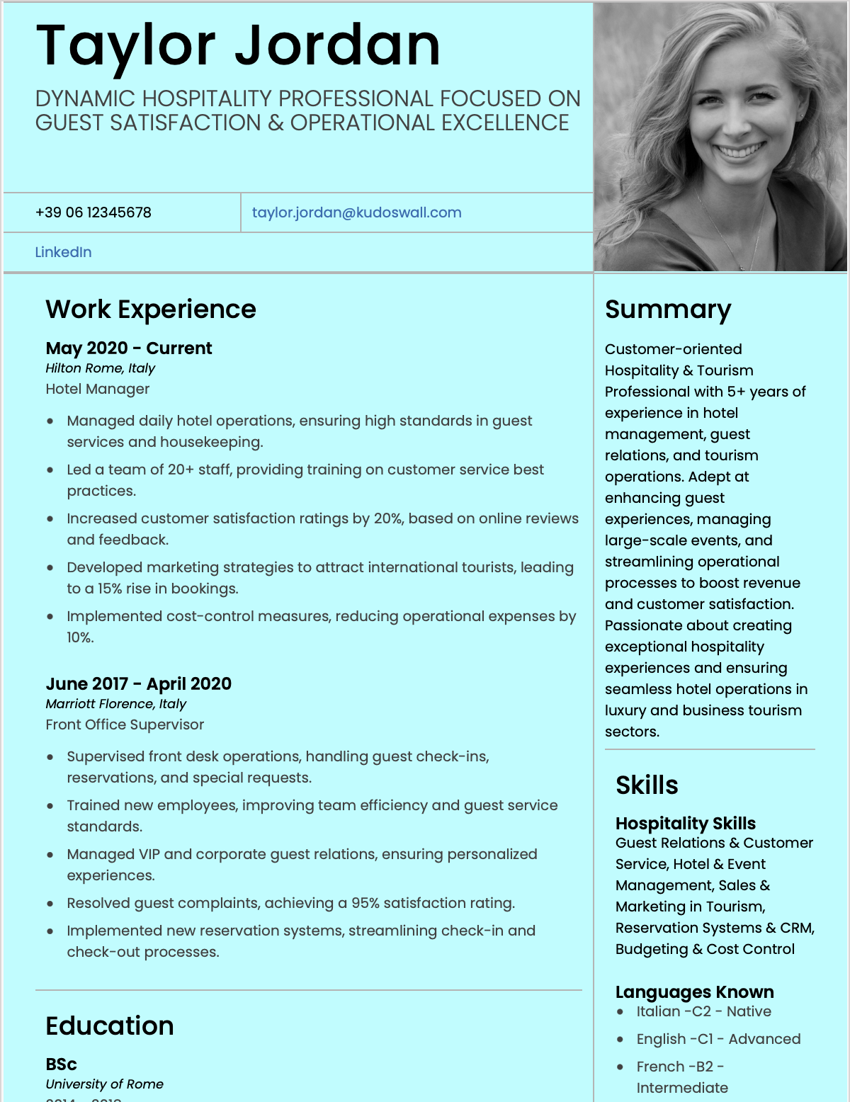 Europass CV Hotel Manager Resume Example